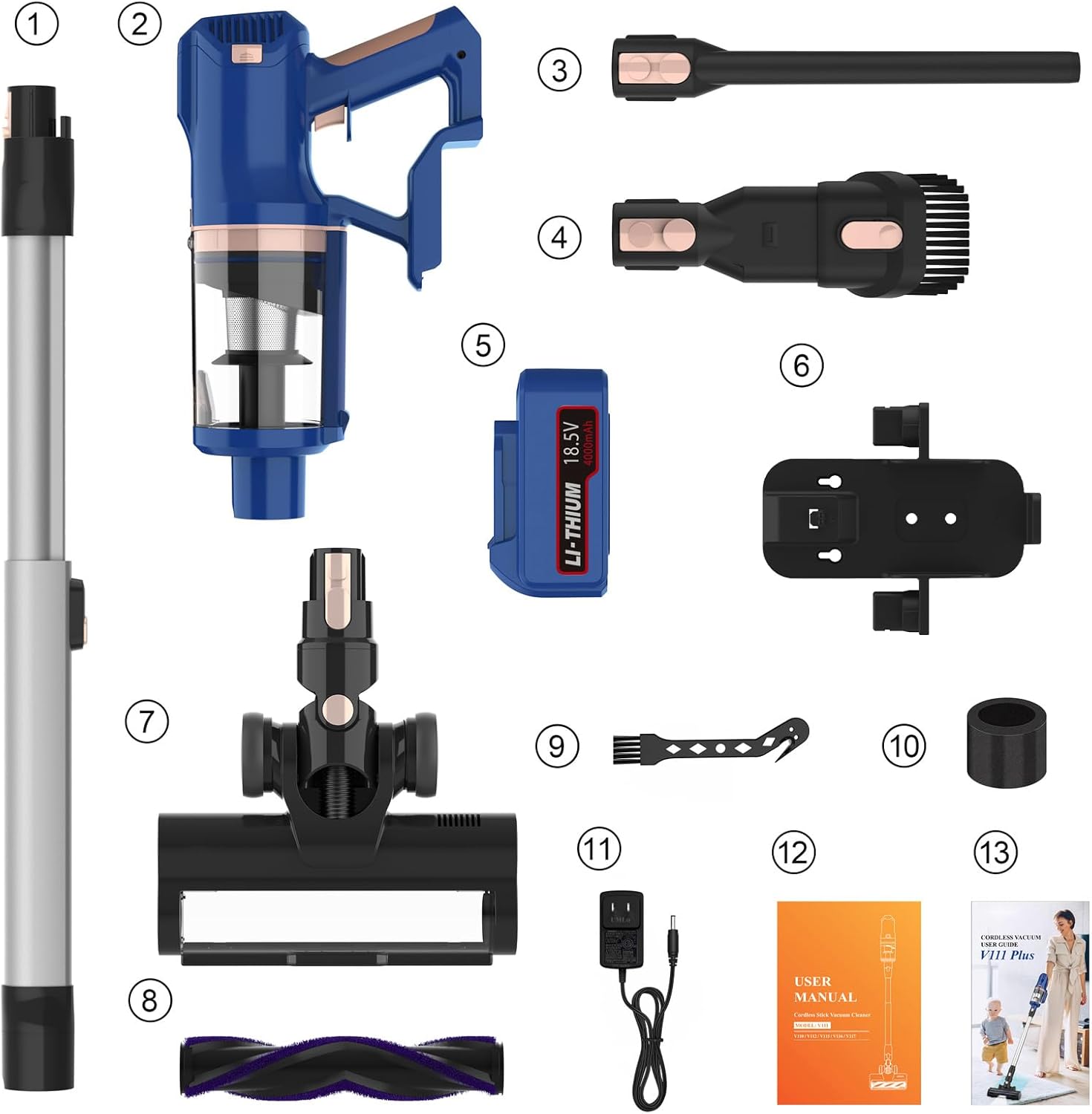 Cordless Vacuum Cleaner for Home, 45Kpa 300W 60Mins Stick Vacuum Cleaner with Touch Screen, 8-in-1 Rechargeable Battery Cordless Vacuum, LED Lightweight Vacuum for Pet Hair Carpet Hardwood Floors