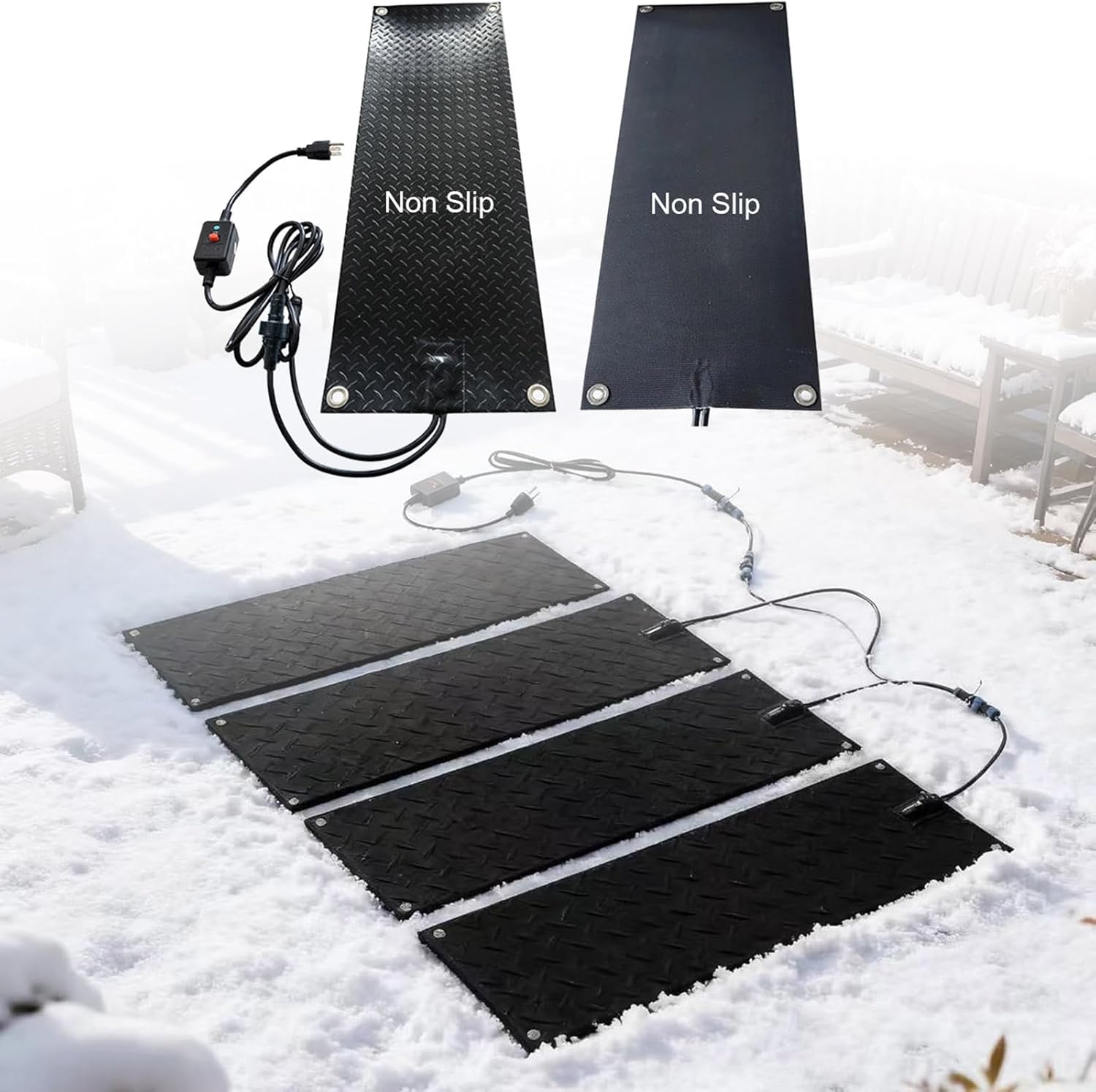 Snow Melting Mats for Stairs, 1/2/3/4/5 Pcs Heated Outdoor Mats No-Slip Rubber Snow Ice Melt Pads with Plug, 2 in/h Speed Snow Melting Walkway Mat for Sidewalk, Steps, Decks(5 Pcs,11.8x48in)