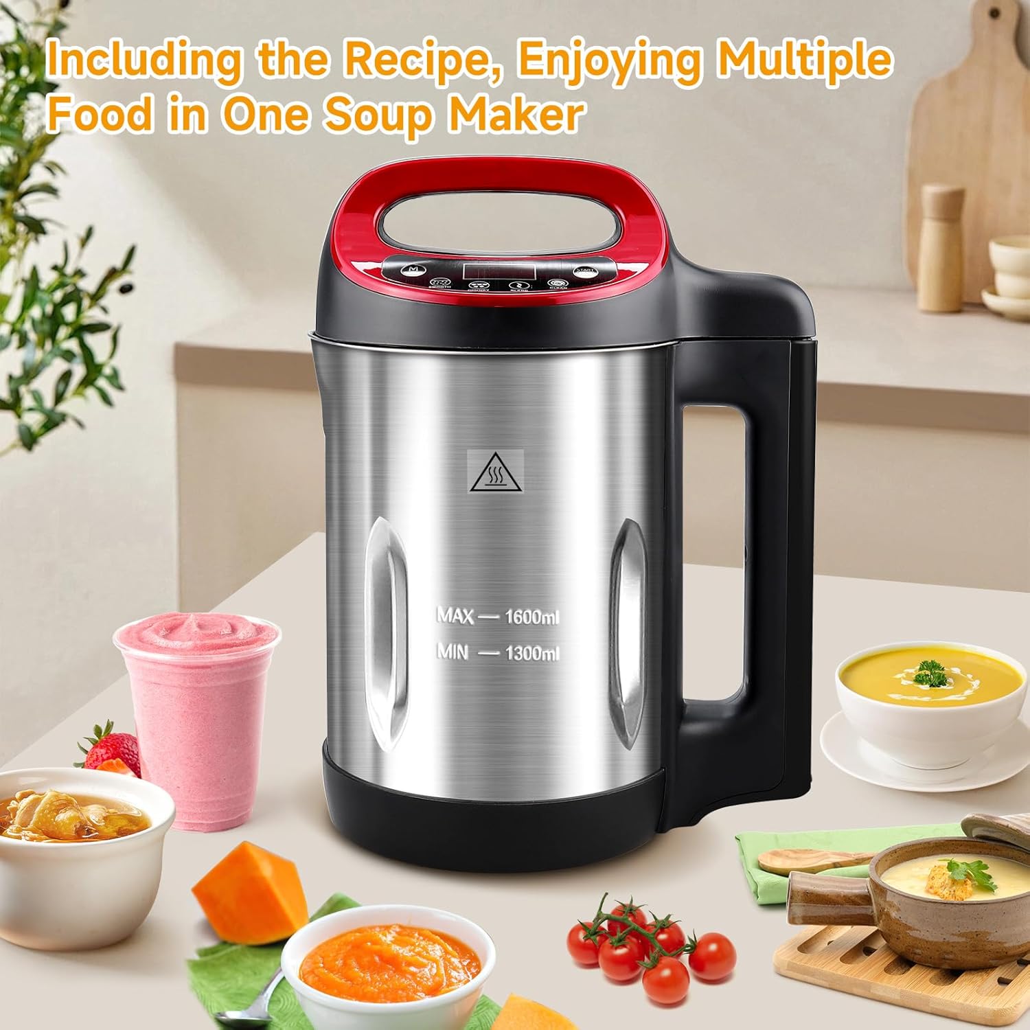 Homtone 1.6L Soup Maker Machine, Stainless Steel Soup Maker Blender with Smooth & Chunky Settings, Anti-Dry Burn, Overfill Sensors, Ideal for Quick Soups, Baby Food