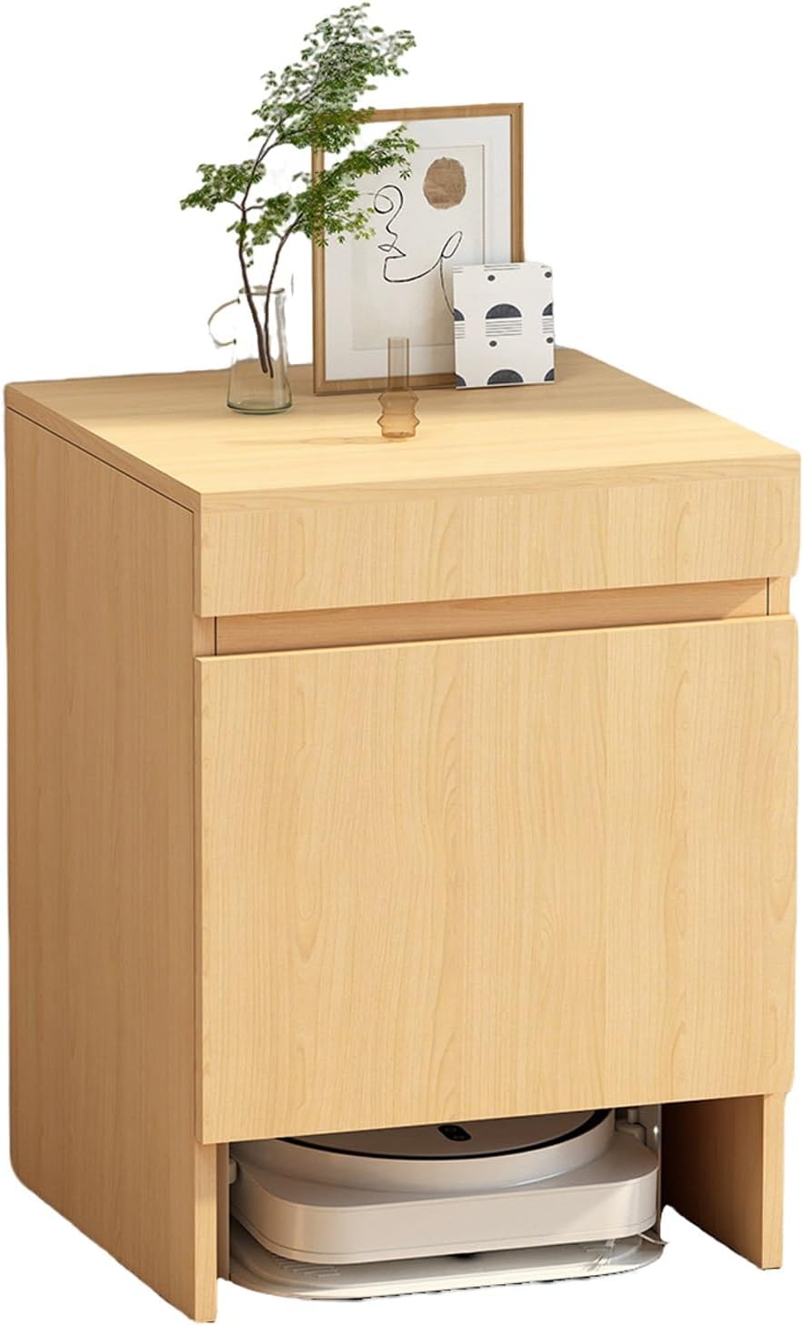 Robot Vacuum Storage Cabinet, 1.8mm Thick Wood Black/White/Brown, Pull-Out Top Shelf with Silent Rails, Soft Close Door, Space-Saving for Living Room Office Laundry Room(Natural)