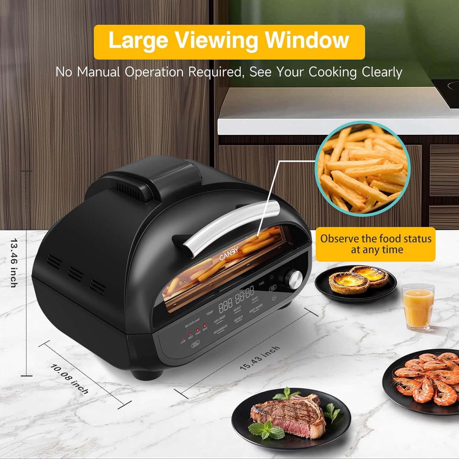 Candy Indoor Grill & Air Fryer with Ceramic Accessories, 500°F Max, 7-IN-1 Digital Display, 5.2 QT Electric Low Smoke with View Window, Smart Thermometer, Crisp, Roast & Dehydrate, Easy Clean, 1500W