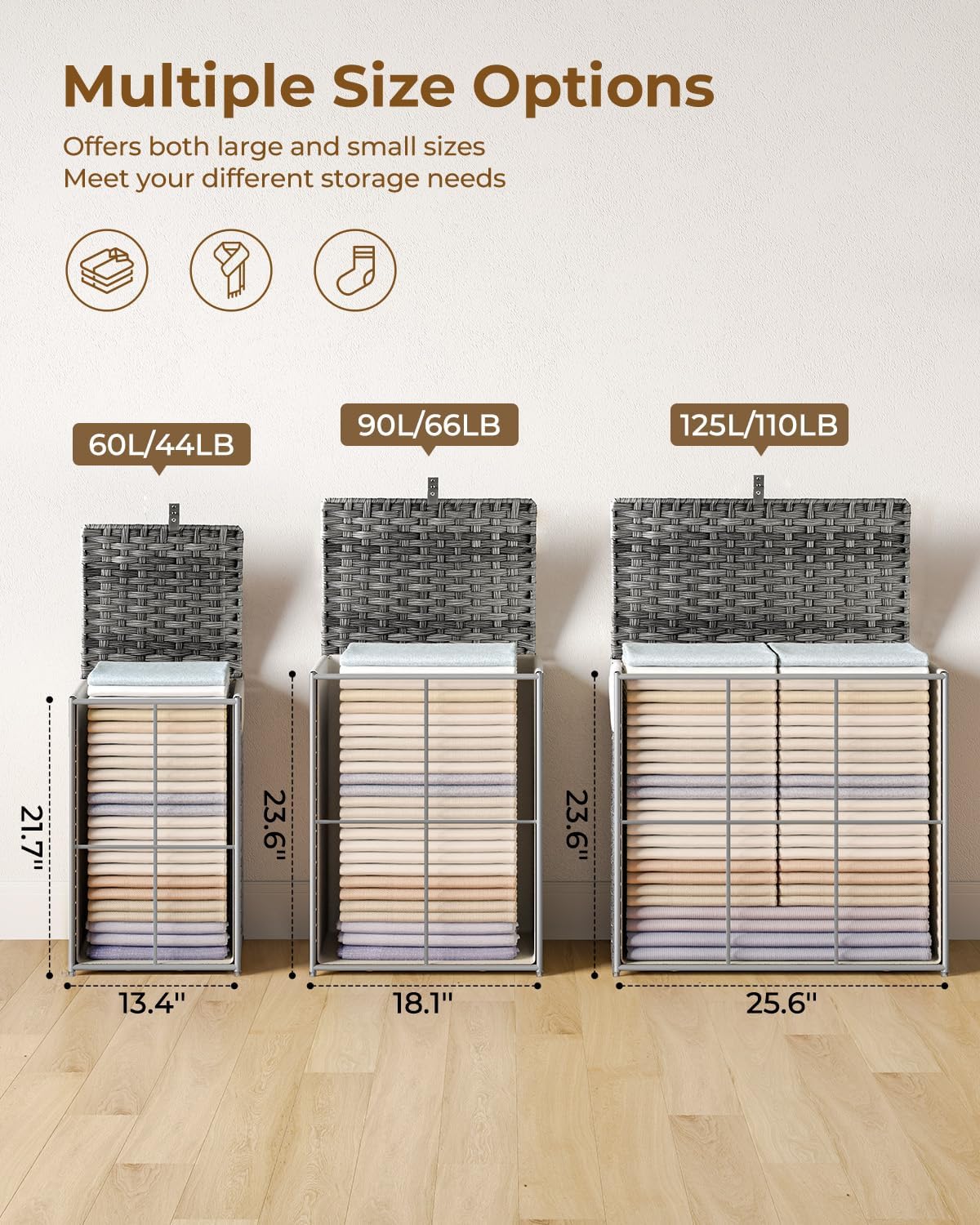 Greenstell Laundry Hamper with Lid, 60L Clothes Hamper with 2 Removable Liner Bags & 2 Mesh Laundry Bags, Handwoven Synthetic Rattan Laundry Basket for Clothes, Toys in Bathroom, Bedroom Grey