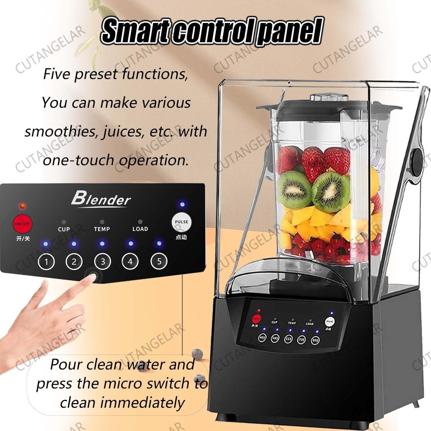 Commercial Blender 2200W with Soundproof Cover - 2L Large Capacity Quiet Professional Blender, 5 Preset Speeds, 17000 RPM Ice Crushing, for Crushing Smoothies and Milkshakes