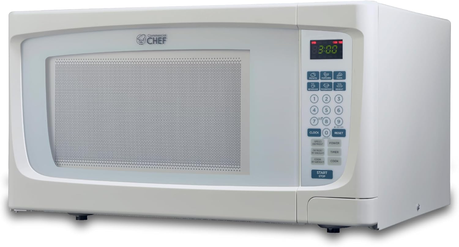 COMMERCIAL CHEF 1.6 Cubic Foot Microwave with 10 Power Levels, Small Microwave with Push Button, 1000 Watt Microwave with Digital Control Panels, Countertop Microwave with Timer, White