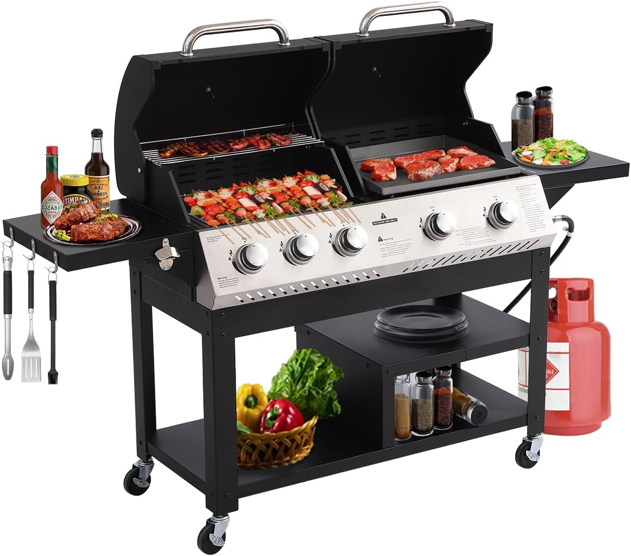 5-Burner Propane Gas Grill and Griddle Combo, Dual Zone Outdoor BBQ with 54,000 BTU 627 SQ.IN. Stainless Steel & Porcelain Cast Iron for Outdoor Cooking Kitchen, Garden, Patio Backyard Barbecue