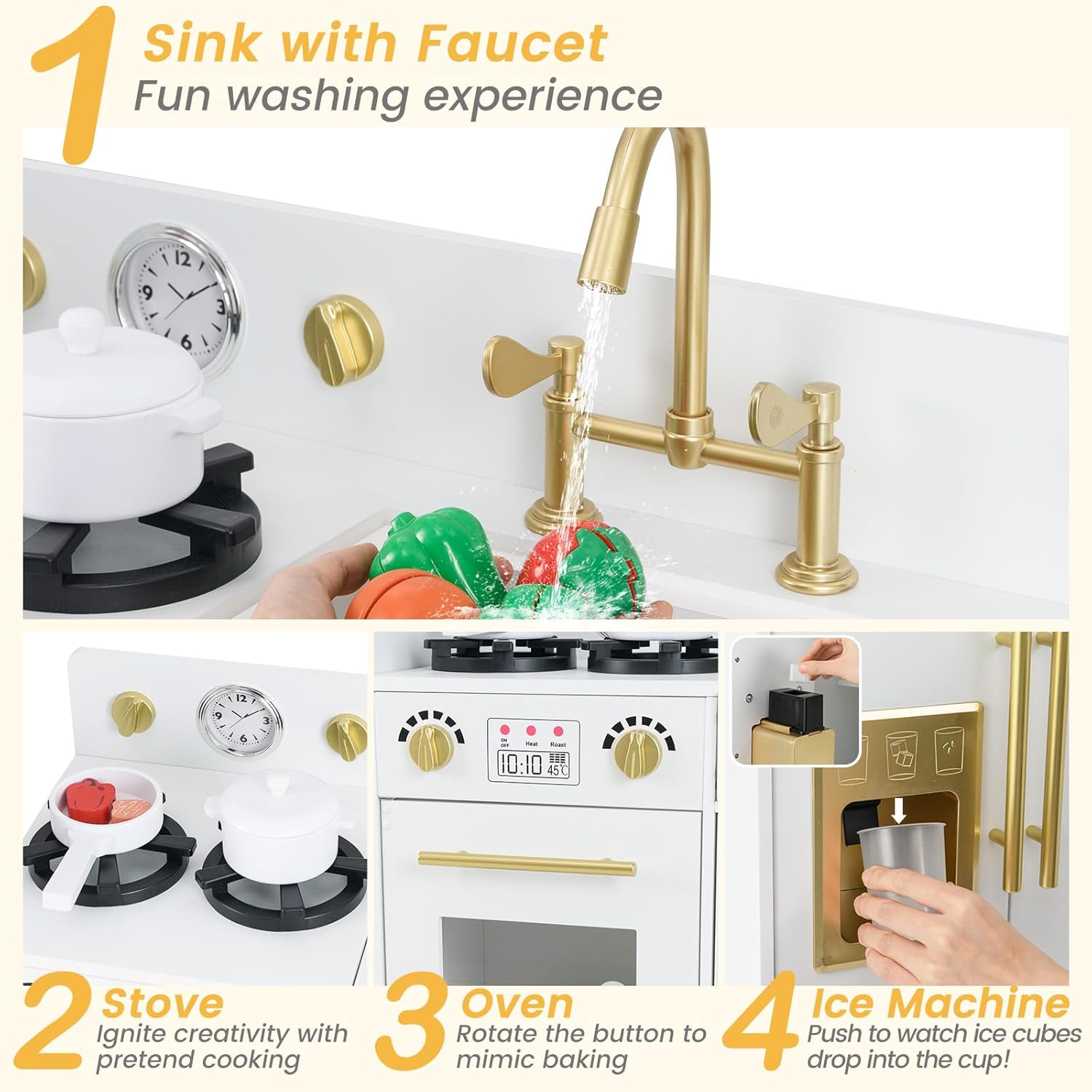 INFANS Play Kitchen Set, Kids Children Pretend Toy Kitchen 2-Piece Playset with Refrigerator, Oven, Microwave, Ice Maker, Sink with Faucet, Kitchenware Accessories for Girls Boys Ages 3+