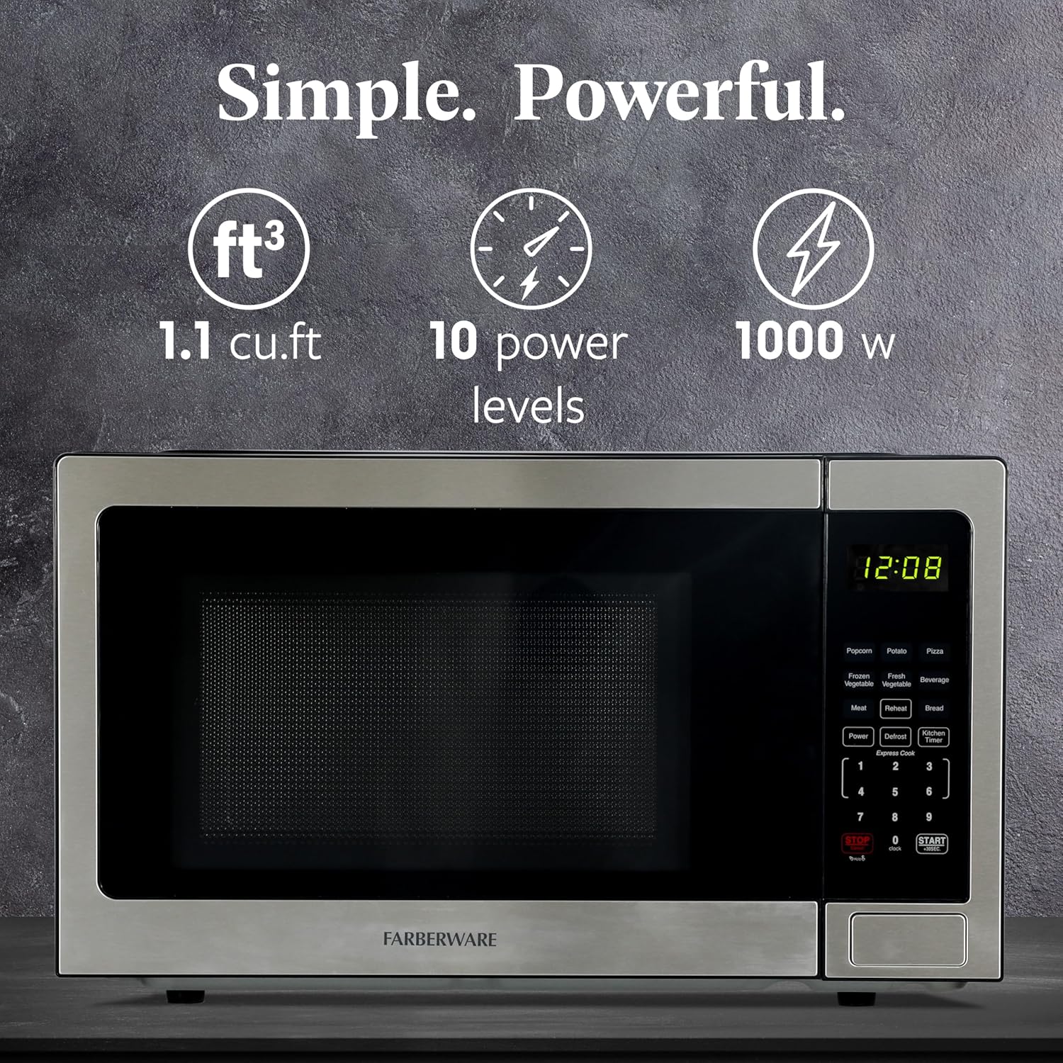 Farberware 1.1 Cu. Ft. Countertop Microwave Oven – 1000 Watts Power, Auto Cook Settings, Defrost, Easy Clean and Child Safety Lock - Stainless