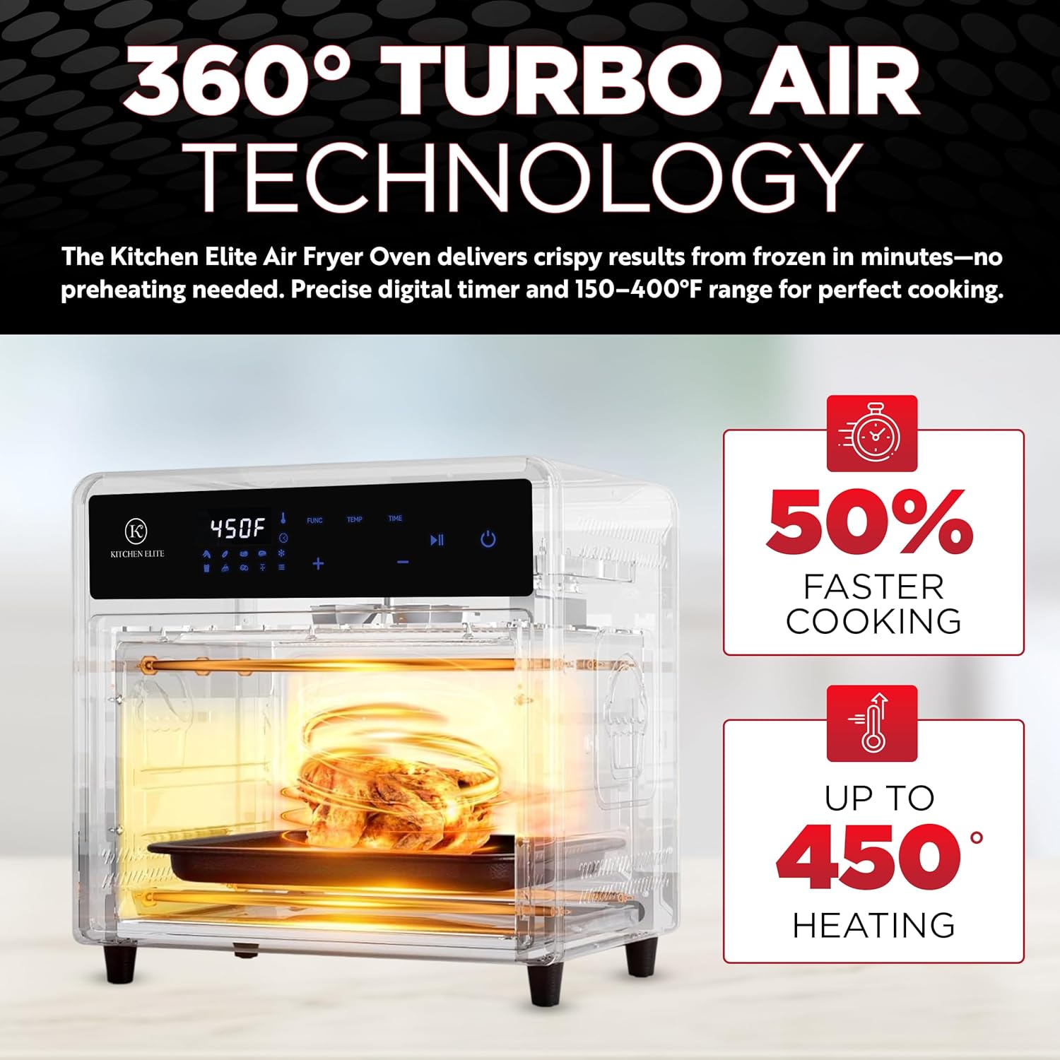 Kitchen Elite Air Fryer Toaster Oven Combo,10-in-1 12.6QT Compact Countertop Oven,9 Touch Screen Presets & 1 DIY Function,Easy Digital Controls,4 Accessories Included (Black)