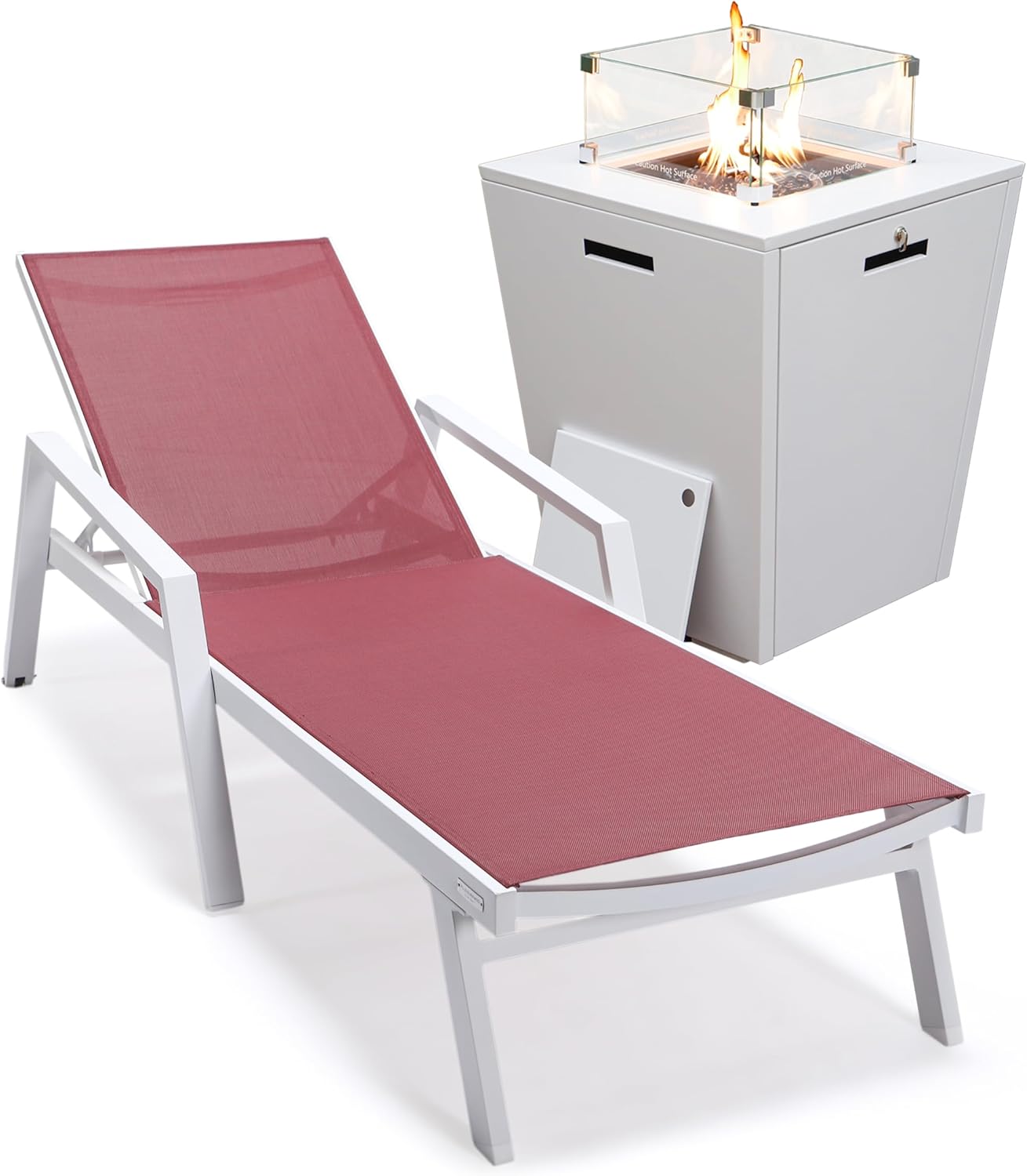 LeisureMod Modern White Aluminum Outdoor Chaise Lounge Chair with Arms and Square Fire Pit Side Table, Burgundy – Perfect for Patio, Lawn, and Garden