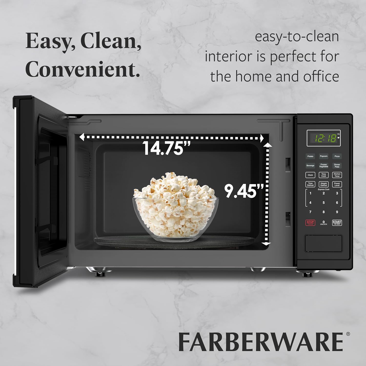 Farberware 1.1 Cu. Ft. Countertop Microwave Oven – 1000 Watts Power, Auto Cook Settings, Defrost, Easy Clean and Child Safety Lock - Black