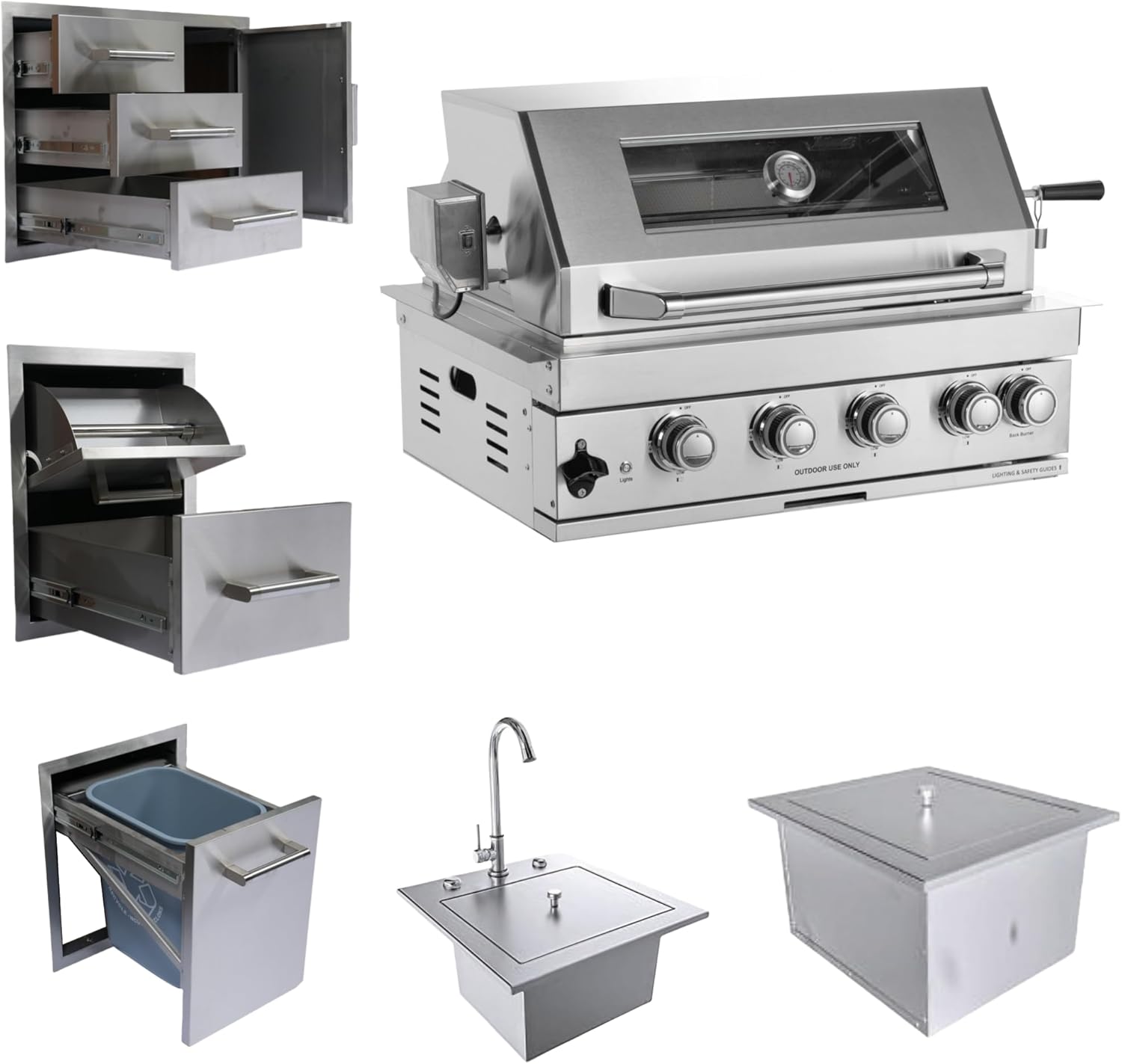 32-Inch Built-In Propane Gas Grill - 60,000 BTU 4-Burner with Infrared Rear Burner, With 304 Sink, Ice Bin & Storage, Sliver