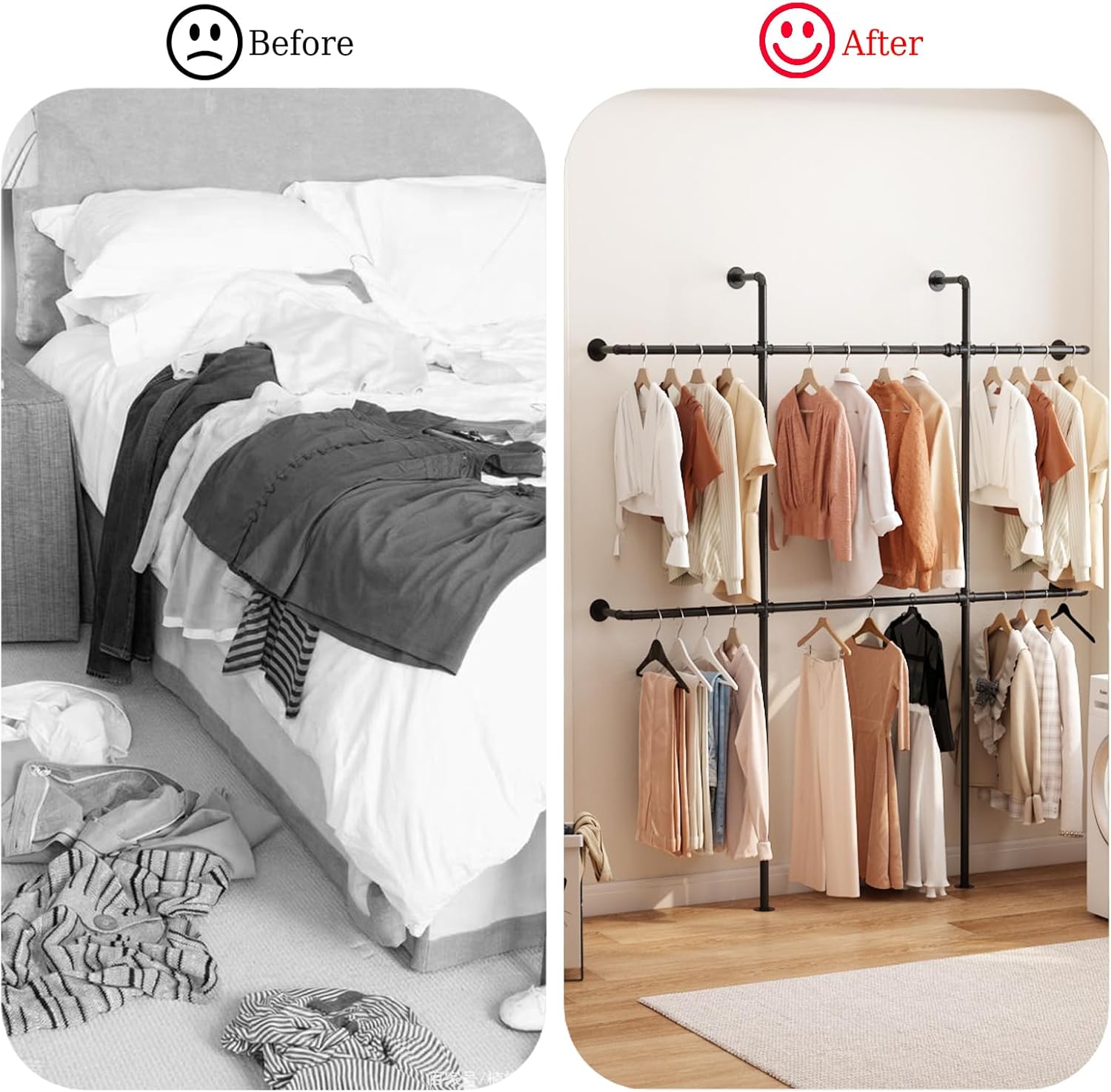 Industrial Pipe Clothing Rack Wall Mount, Black Pipe Clothes Rack with 6 Hanging Rods, Heavy Duty Pipe Clothing Rack for Laundry Room, Closet Systems for Walk in Closets