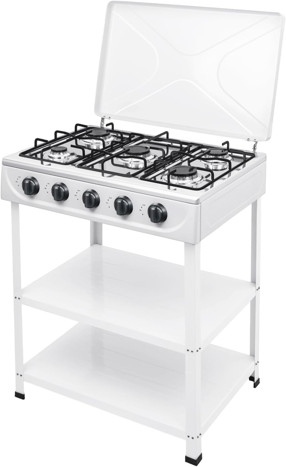 Natural Gas Stove, 5-Burner Propane Gas BBQ Grill with 5 Control Knobs, 2.5KW Portable Gases Cooker Stove with Support Leg Stand for Outdoor Cooking & Camping & RV & Apartment (White)