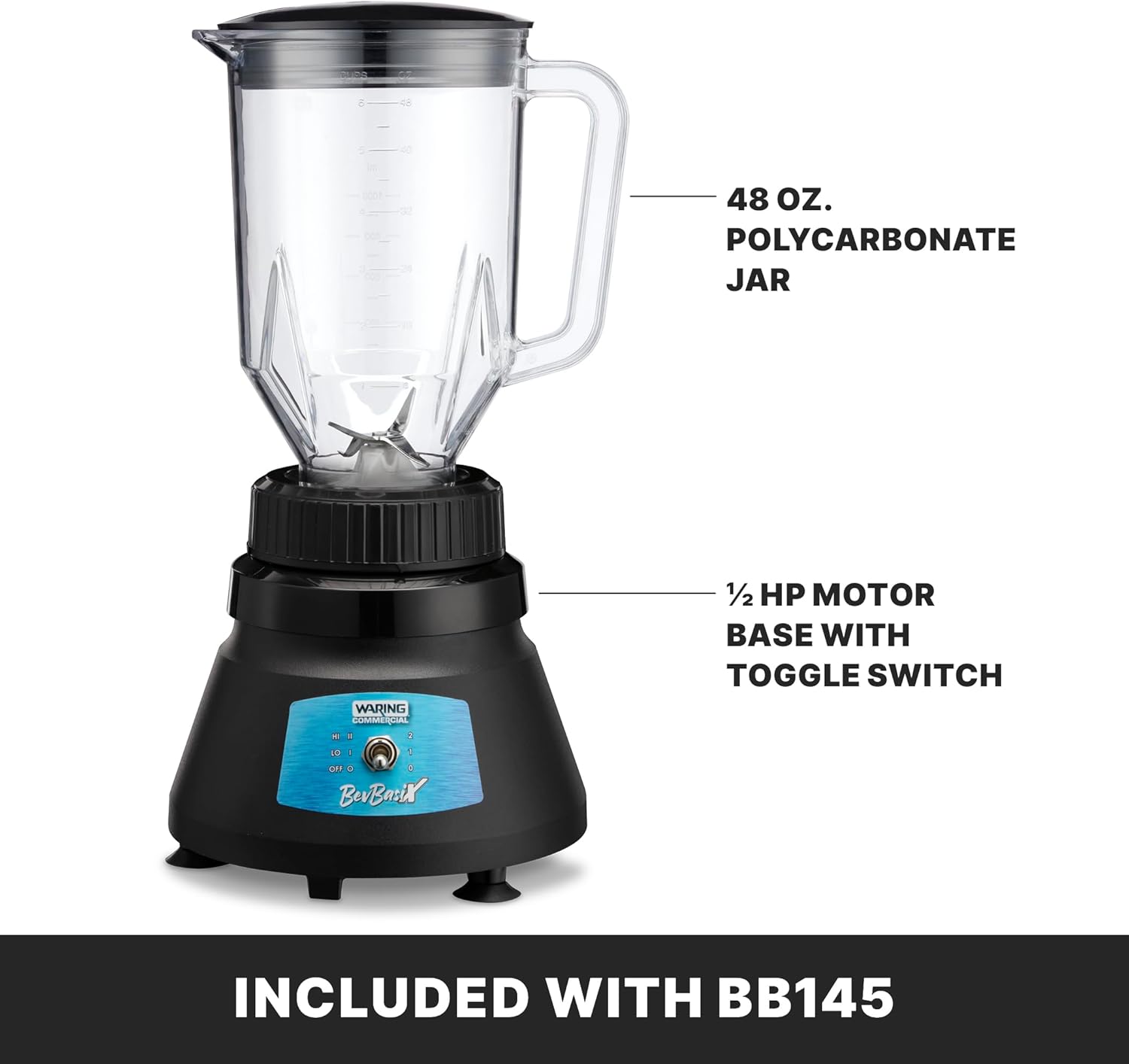 Waring Commercial 1/2 HP Bar Blender, 2-Speed with 48 oz. Copolyester Container