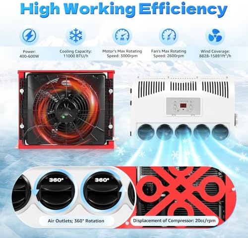 12V Split RV Truck Air Conditioner Set with Outdoor & Indoor Unit, 11000 BTU Multifunctional Portable Camper Air Compressor, 5 Gears Mini Split AC System Unit Low Noise Fit for Rvs Motorhome Bus