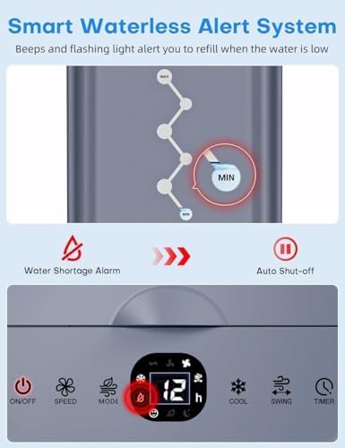 Windowless Air Conditioner w/ 4 Modes & 3 Speeds, Waterless Alert, 2.4-Gal Tank for 20H Cooling, 12H Timer, 20FT Remote, 70° Auto Swing Evaporative Air Cooler, Portable AC Unit for Bedroom