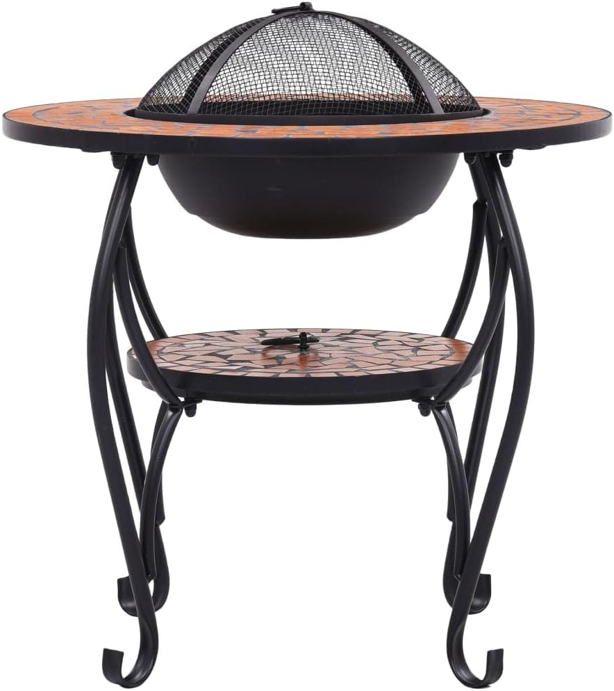 Multifunctional Fire Pit Table, Patio Decorative Table, Round Table for Camping, Outdoor Heating, Campfire and Picnic,Mosaic Fire Pit Table Terracotta 26.8