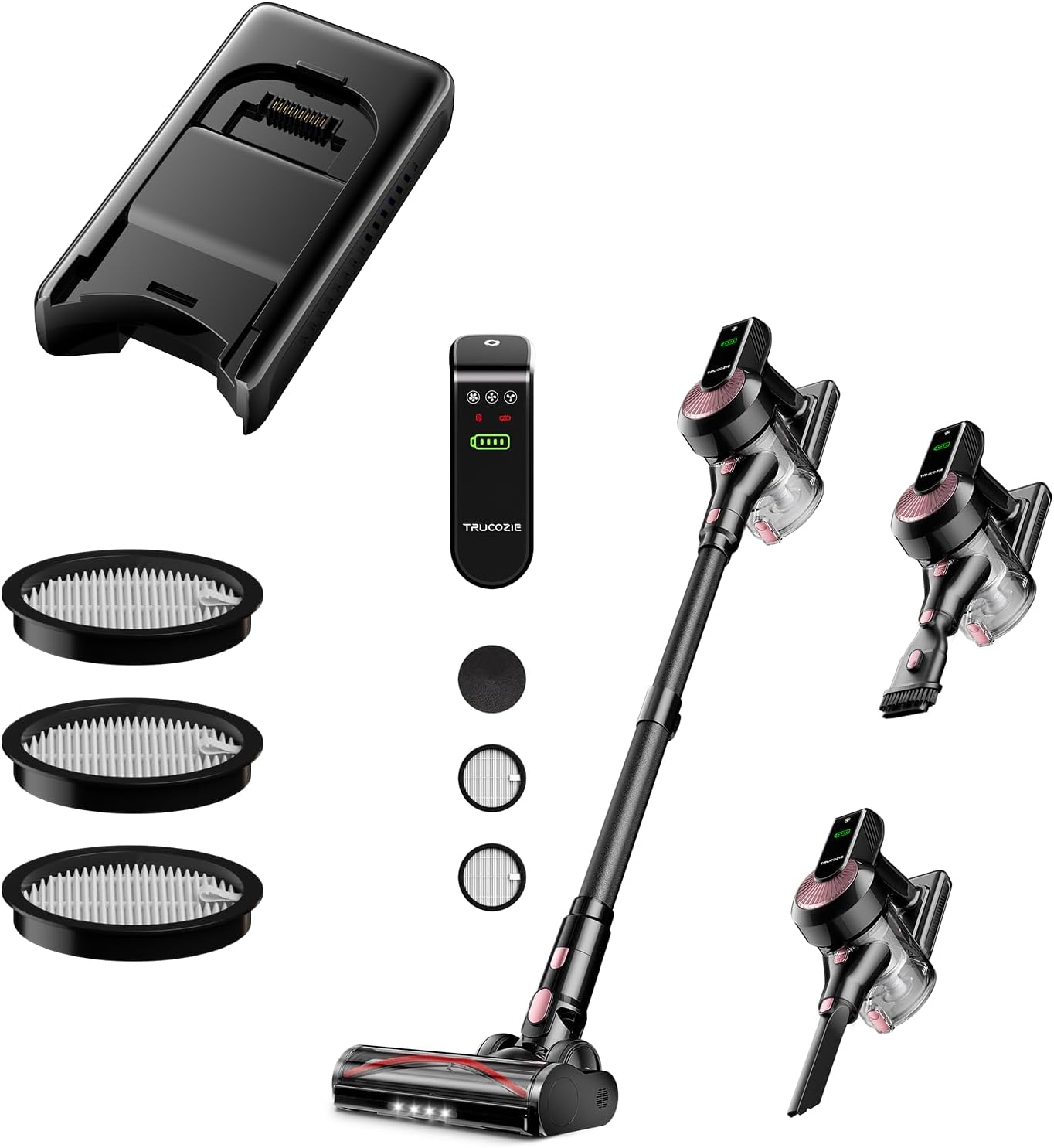 Trucozie Cordless Vacuum Cleaner T351 Black, Self-Standing Lightweight Stick Vacuum with 45mins Runtime, Battery Pack Bundle and 3 Pack Hepa Filter Bundle