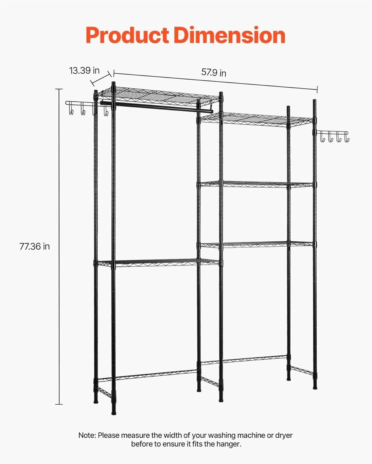 Over The Washer and Dryer Storage Shelf, 5 Tier Laundry Room Drying Rack with Hanger Rod and Hooks, Adjustable Over Washer and Dryer Shelves, Laundry Room Shelf Storage Space Saver, Black