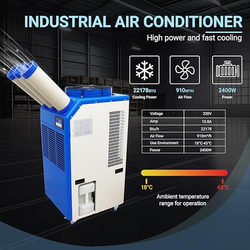 Industrial Air Conditioner 22178BTU/H Industrial Spot Cooler Air Conditioner with 3.7Gal Water Tank Portable Mobile Spot Cooler Three-Duct 2.4KW 220V