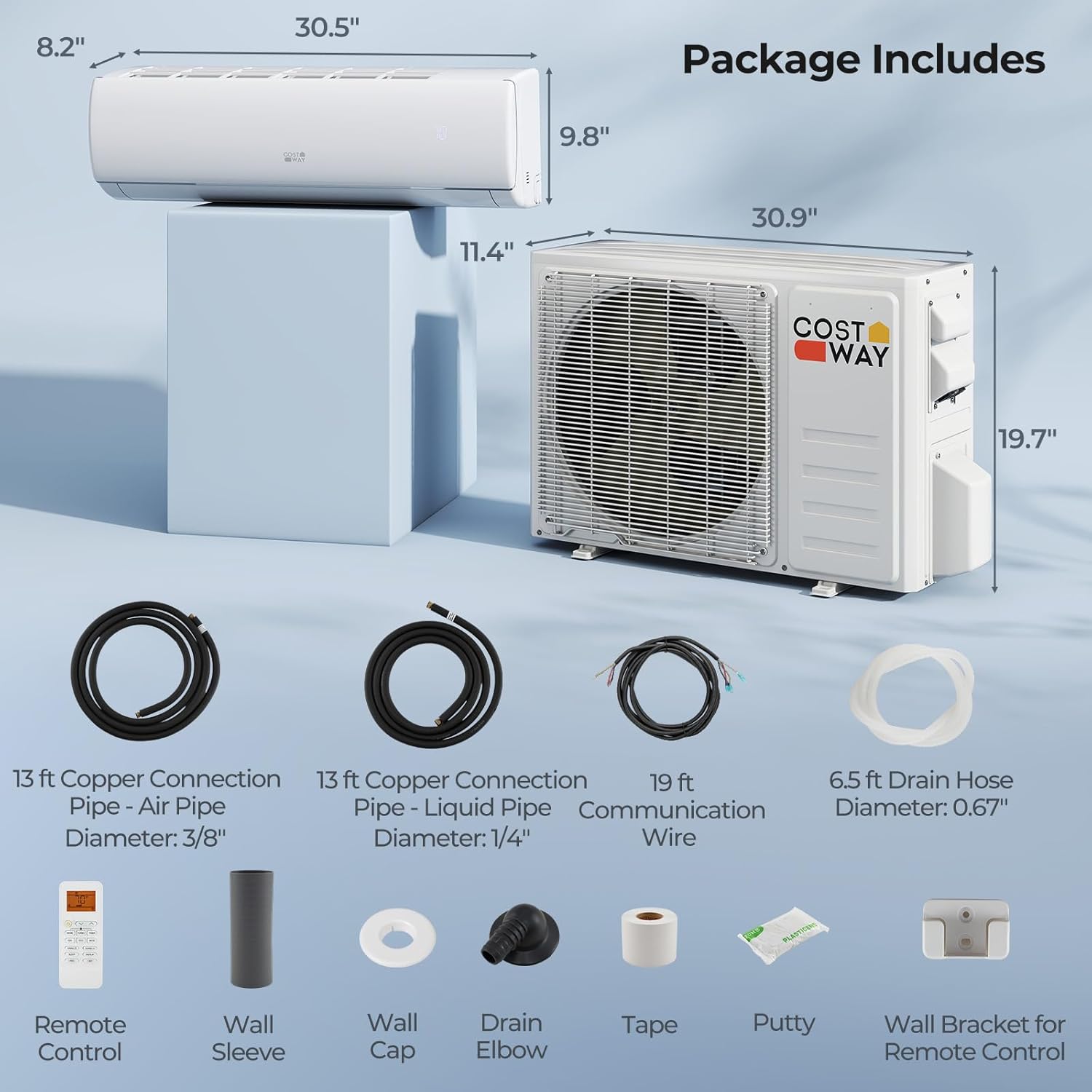 COSTWAY 11500 BTU Mini Split Air Conditioner, 208/230V 17 SEER2 Wifi Enabled Inverter Air Conditioner & Heater Pump System Cools Up to 750 Sq. Ft, Compatible with Alexa, w/Installation Kit