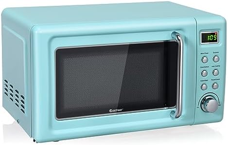 COSTWAY Retro Countertop Microwave Oven, 0.7Cu.ft, 700-Watt, High Energy Efficiency, 5 Micro Power, Delayed Start Function, with Glass Turntable & Viewing Window, LED Display, Child Lock (Green)