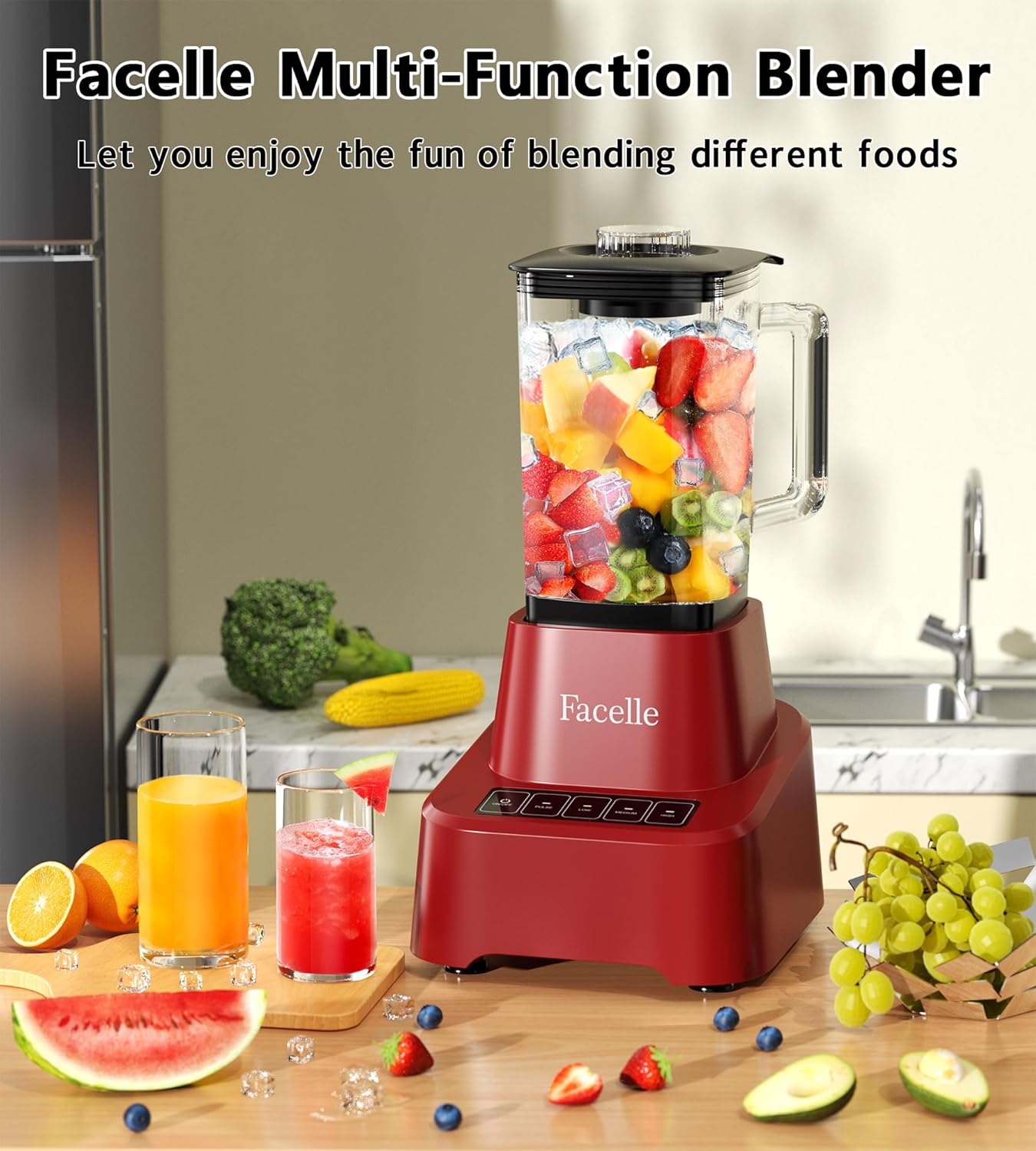 Red Smoothie Blender, Facelle Countertop Blender for Kitchen, 55 oz Glass blender for smoothies and Shakes, Licuadora, Smoothie maker with touchscreen 3+P Speeds, Cleaning brush ＆ removable SS blade