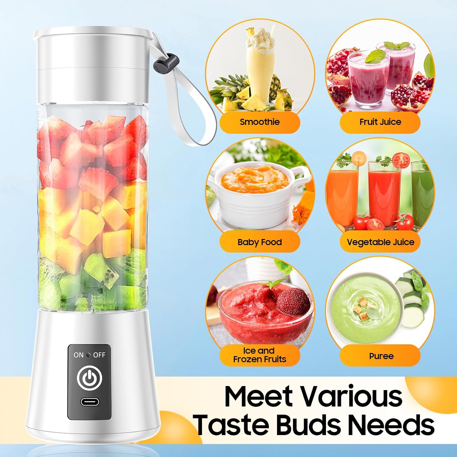 Portable Blender for Smoothies & Shakes - Cordless Personal Size Blender with 6 Blades, 380Ml Juice Cup, Lightweight & Rechargeable, Freshly Squeezed for Picnic/Sports/Office