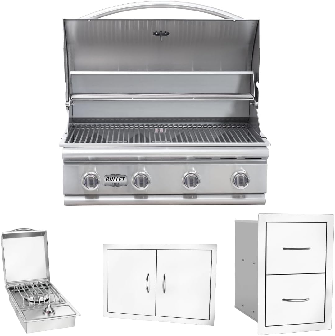 Bullet by Bull Stainless Steel Outdoor Kitchen Grill Set - Built-In Natural Gas Grill -BBQ Kitchen Island Bundle - Includes 4 Burner Grill, Side Burner, Double Access Door & Double Storage Drawer