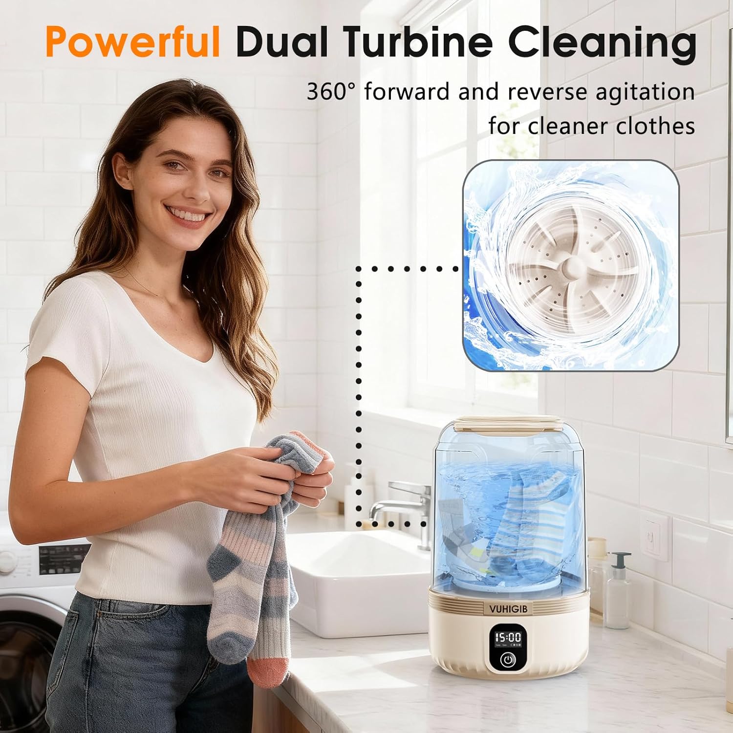 Portable Washing Machine, 7000mAh Rechargeable Wireless Washer with 10 PCS Clothespins Deep Cleans Baby Clothes Underwear Socks Delicates 1.5L Mini Washer for Travel Camping Dorm RV Apartment (Khaki)