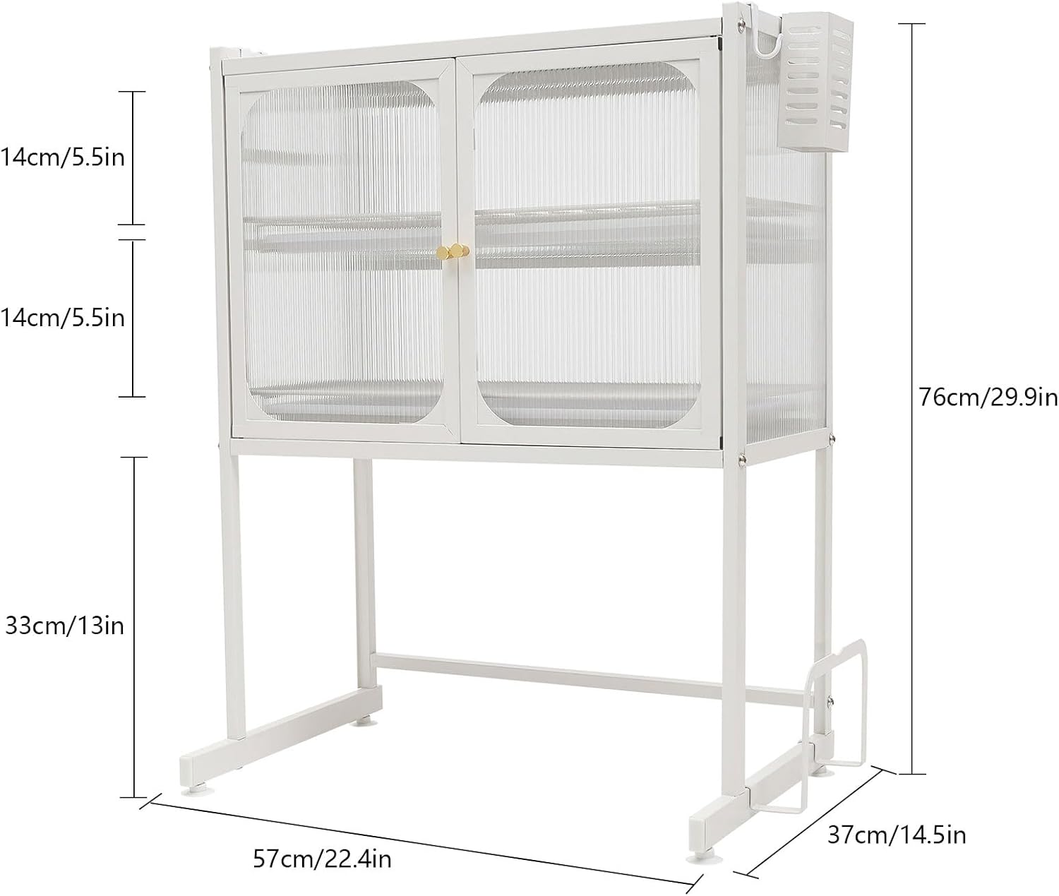 Tabletop Kitchen Storage Rack, 3-Tier Vertical Microwave Oven Rack with Cabinet, 22.4x14.5x29.9in Space-Saving Kitchen Counter Shelf, Extractable Draining Trays, Visualized Doors, Wide Baffle (White)