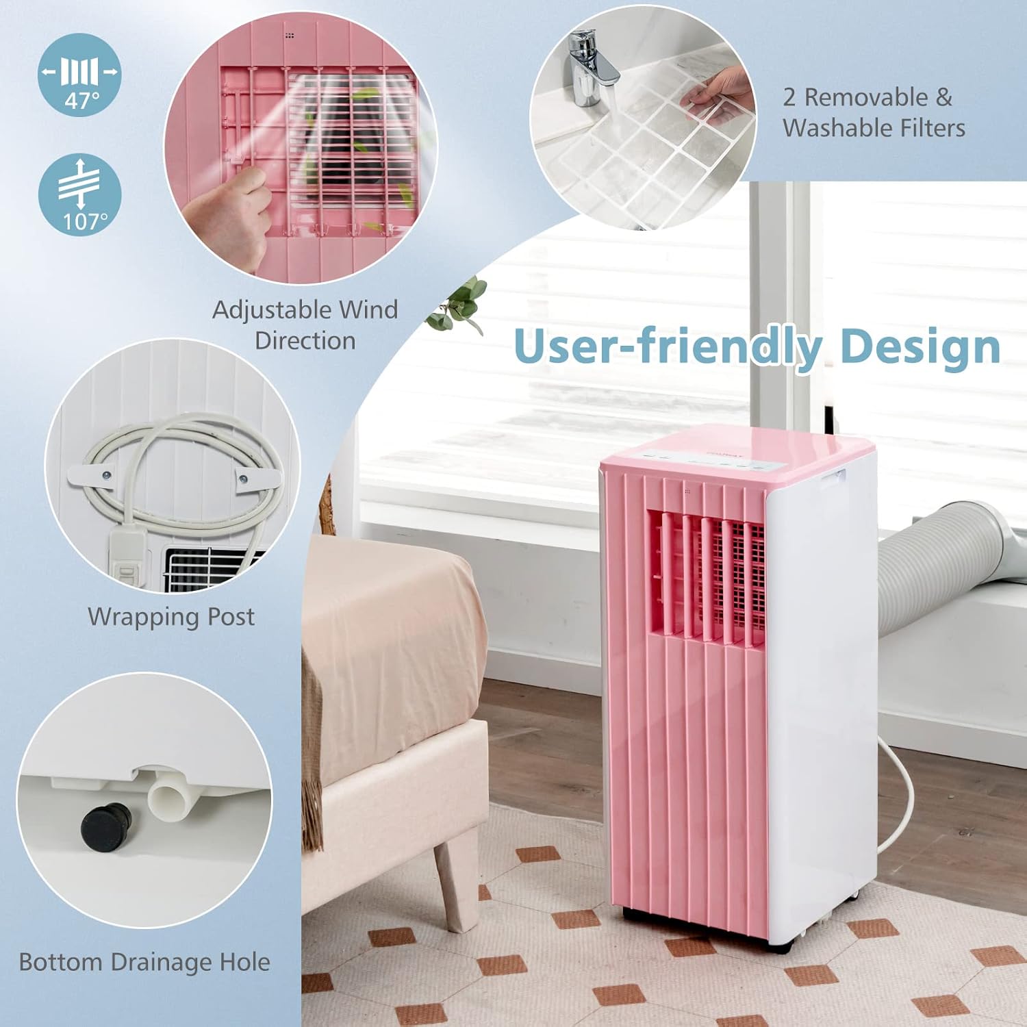 SIMOE 10,000 BTU Portable Air Conditioners, Cools up to 350 Sq.ft, Portable AC Built-in Cool, Dehumidifier, Fan Modes, Room Air Conditioner with Remote Control/Installation Kits, Pink