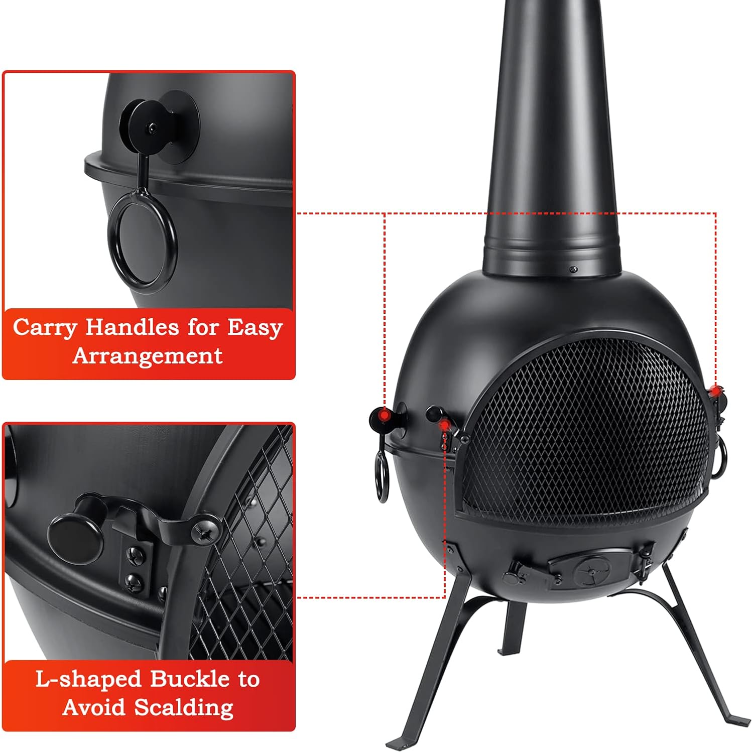 SINGLYFIRE Prairie Fire Outdoor Chiminea Fireplace Deck or Patio Backyard Wooden Fire Pit with Chiminea Cover Rust-Free Iron Black