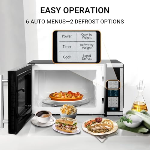 Smad 0.7 Cu.Ft Small Microwave, Countertop Microwave Oven with Removable Turntable, 6 Auto Menus and Child Lock, Mini Oven microondas for Apartments, Dorm and Kitchen, Stainless Steel, 700W