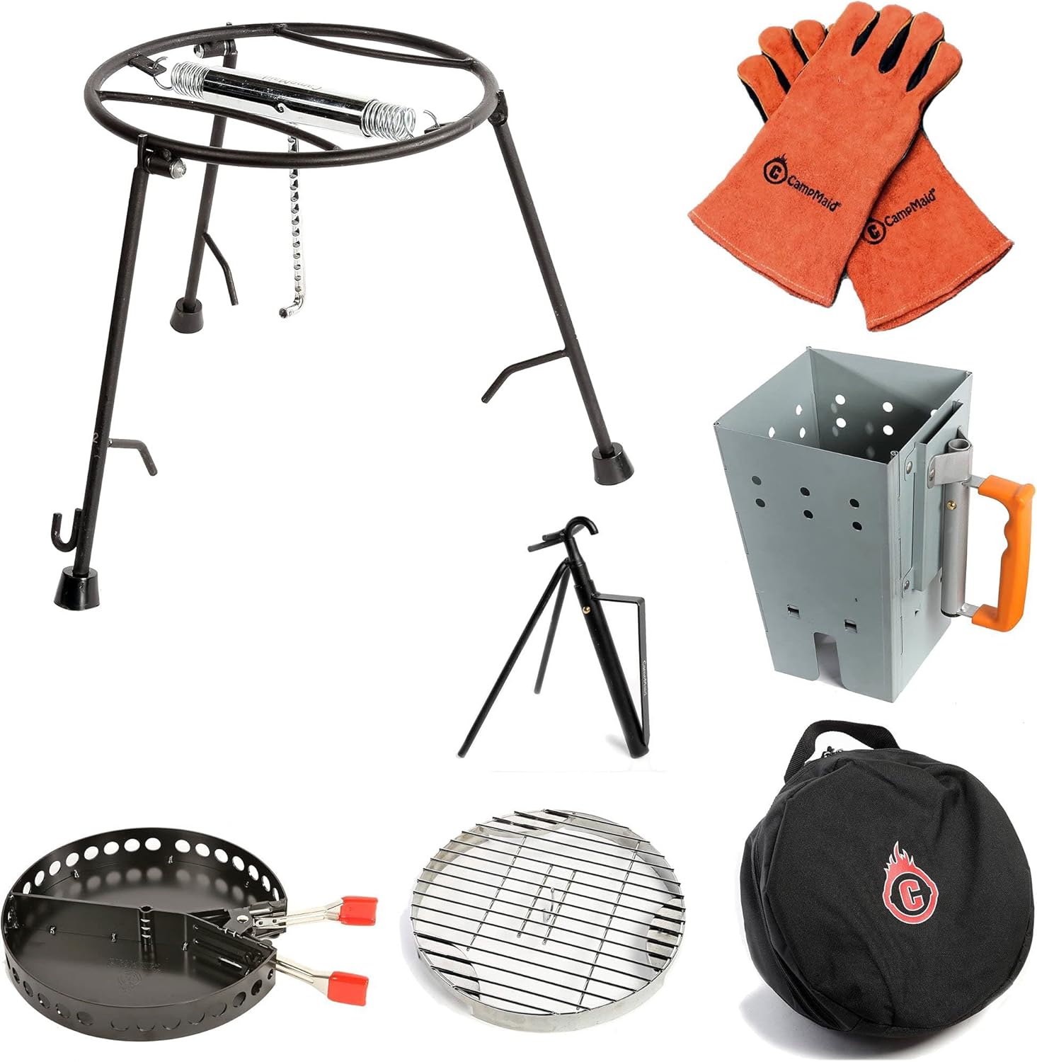 CampMaid Outdoor Cooking Set - Dutch Oven Tools Set - Charcoal Holder & Cast Iron Grill Accessories - Camping Grill Set - Outdoor Cooking Essentials - Camp Kitchen Equipment - (7 Piece Set)