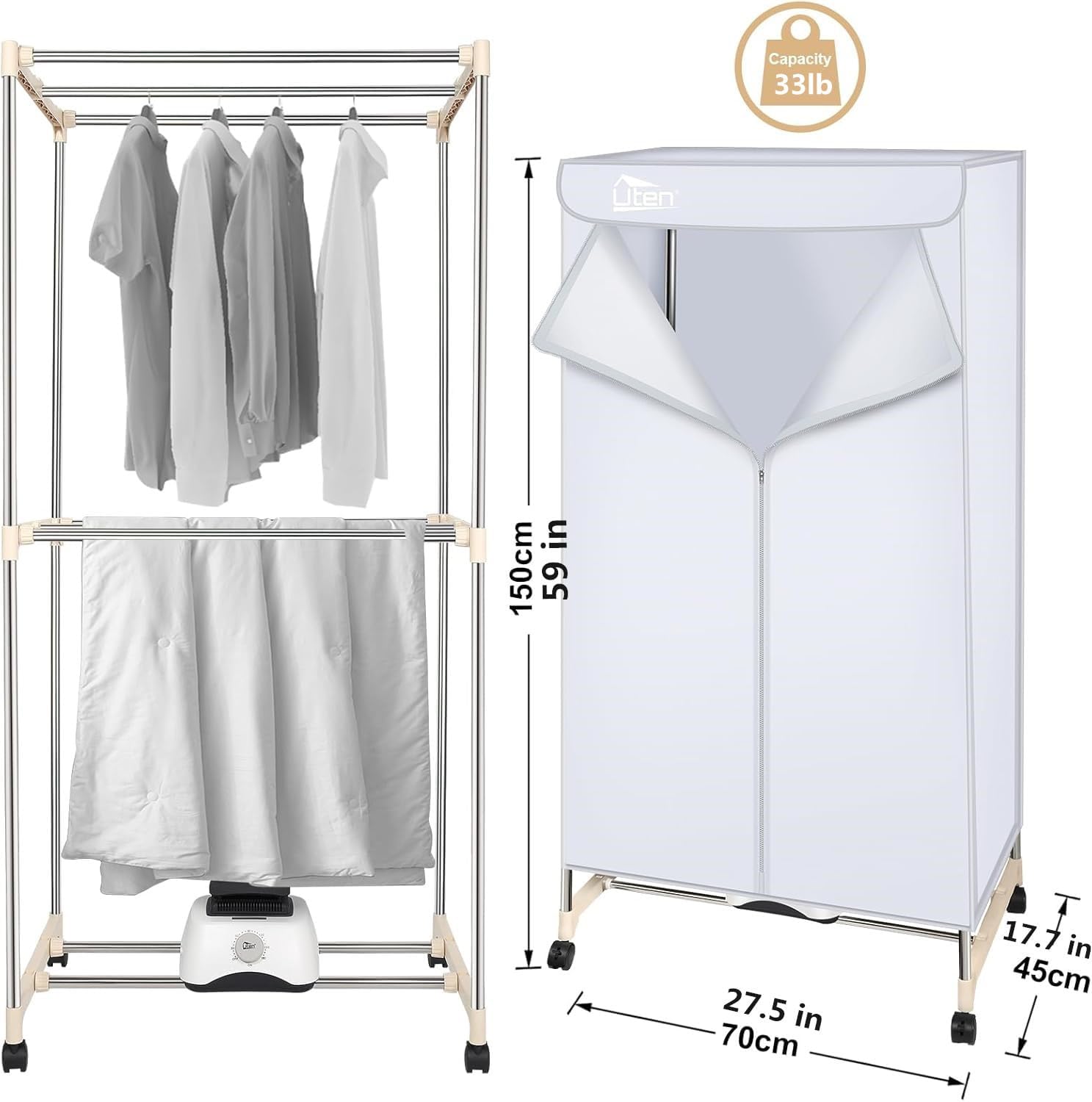 Uten Clothes Dryer Machine, Laundry Drying Wardrobe with Timer, Electric Clothes Drying Rack and Dryer for Apartments, Home
