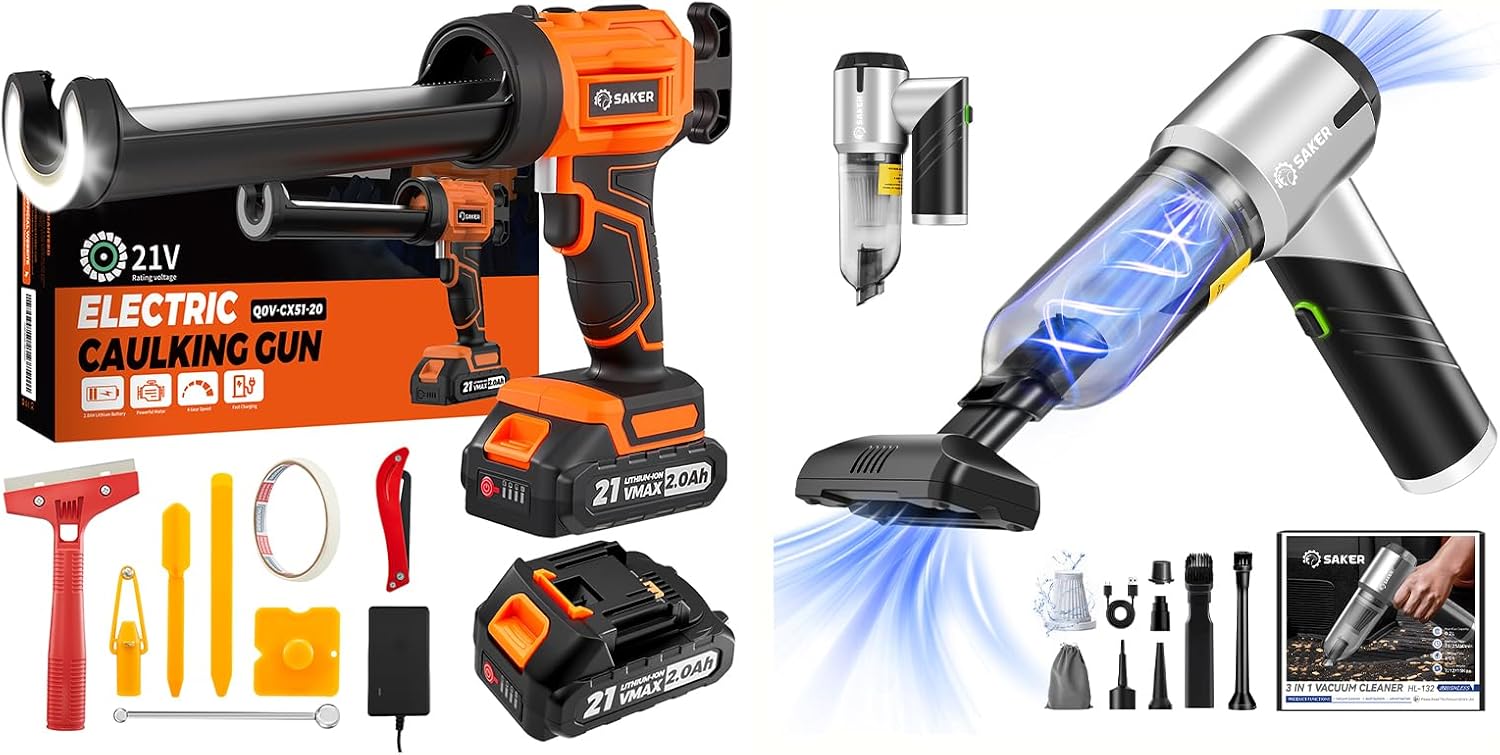 Saker Handheld Car Vacuum Cordless 17000PA Black Electric Caulking Gun Cordless with 4 Speeds & LED Light, 10oz Drip-Free Applicator Bundle for Home, Car & DIY Projects