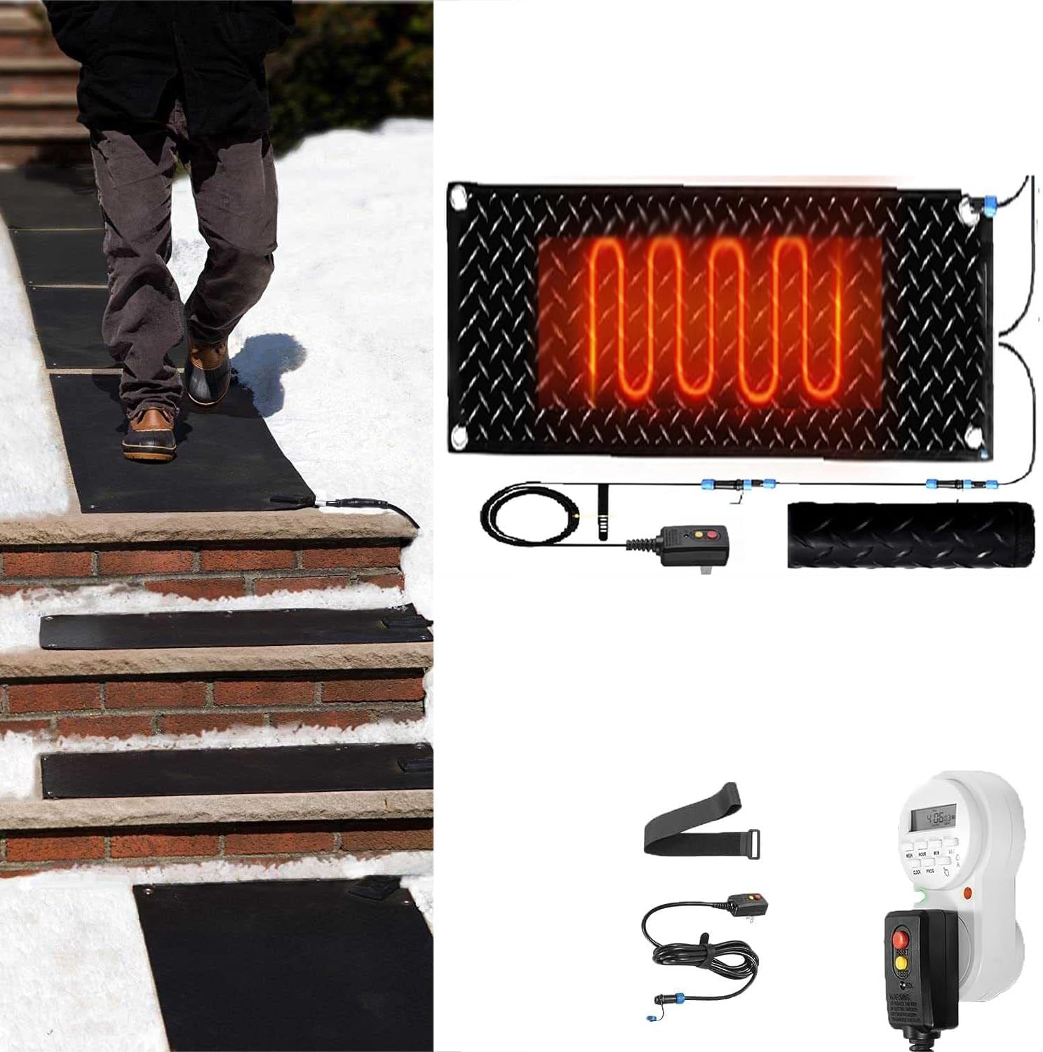 Heated Snow Melting Mats with Timer, 1/2/3/4/5 Pcs Outdoor Heated Driveway Mats Snow and Ice Melting Pad with Power Cord for Winter Stairs, Steps,doorway, Sidewalk, Garages, Decks(1 Pcs,12x36i