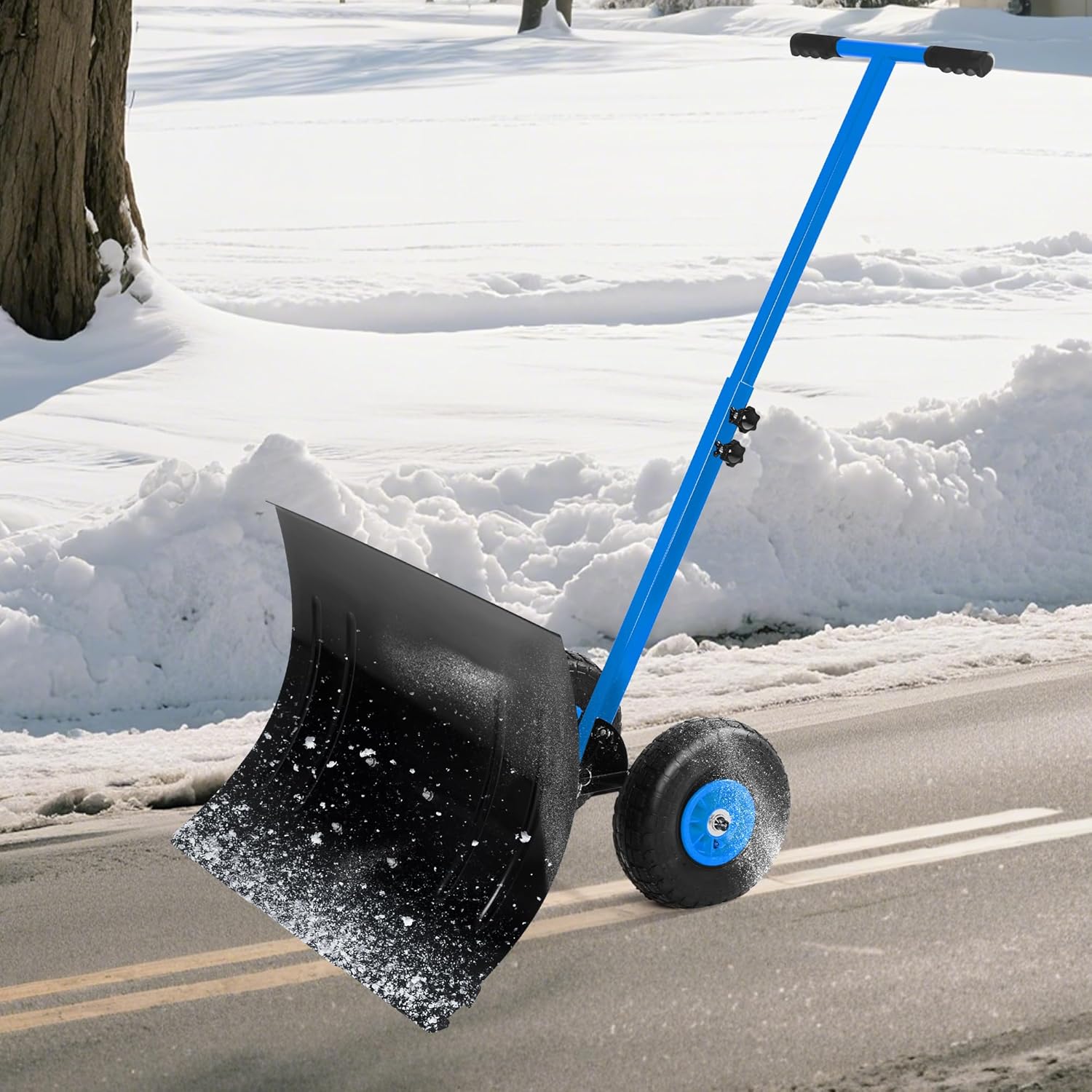 Snow Shovel with WheelsHeavy Duty Snow Pusher for Driveway,Ergonomic Snow Pusher Shovel with Snow Removal Adjustable Angle & Height Handle for Driveway, Pavement (Blue, 29.1W x 19.3H)