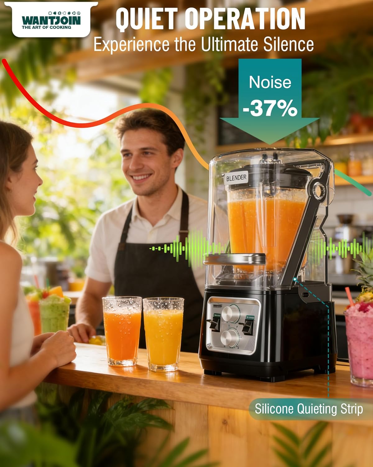 WantJoin Commercial Blender- 80Oz Quiet Shield Smoothie Blender, 1600W Professional Ice Crusher with 6 Blades & 15 Speeds, High-speed Ice Drink Maker for Restaurant Café Home, Dishwasher Safe