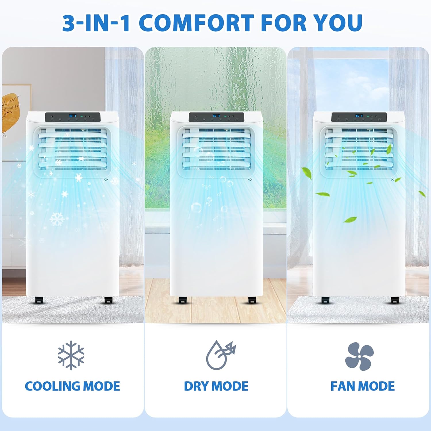 10000 BTU Portable Air Conditioners Cools up to 450 Sq. Ft 3-in-1 Poratble Ac Units for Room with Dehumidifier Fan Sleep Mode 24h Timer Remote Control and Window Installation Kit Included