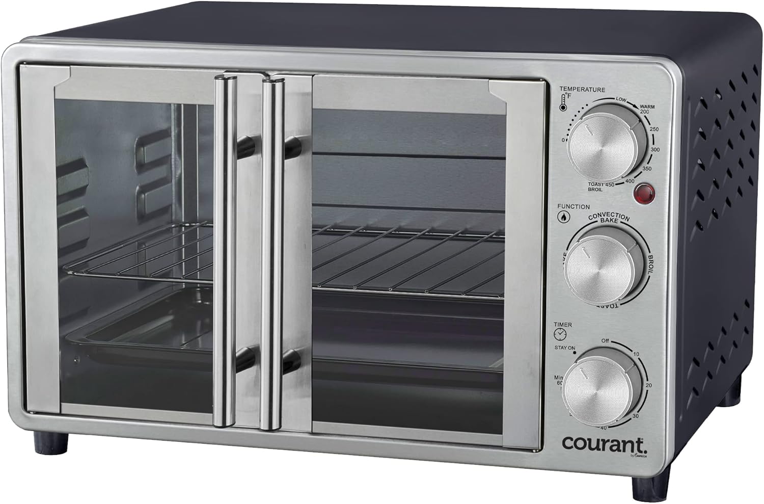 Courant French Door Convection Toaster Oven & Broiler, Bake Broil Toast Oven, Fits 9x13’’ Aluminum Baking Pan, 6-Slices, 10’’ Pizza, Convection Oven - Stainless Steel