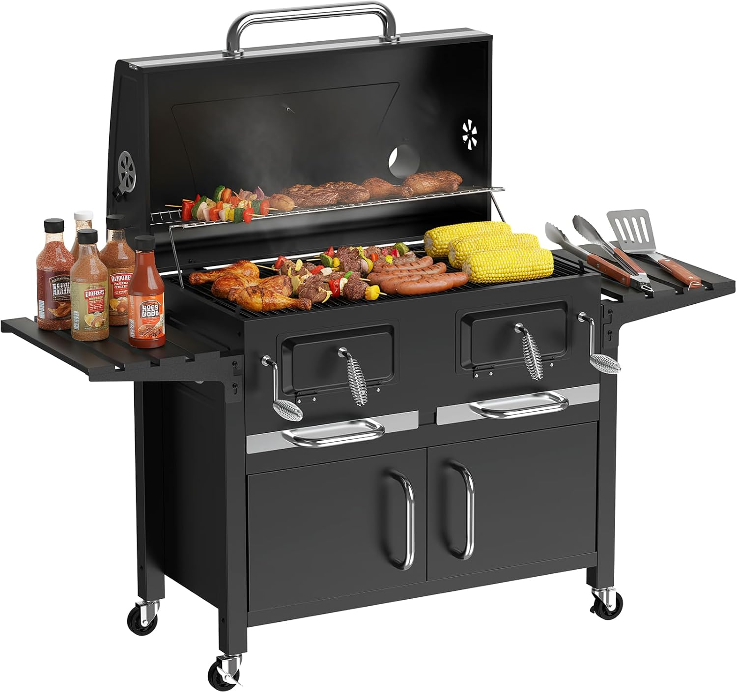 Bestfire Extra Large Charcoal BBQ Grill with Oversized Cooking Space, Dual Charcoal Trays, Enamel Grates & Chrome Warming Rack, Outdoor Barbecue Smoker with 4 Wheels & Side Tables