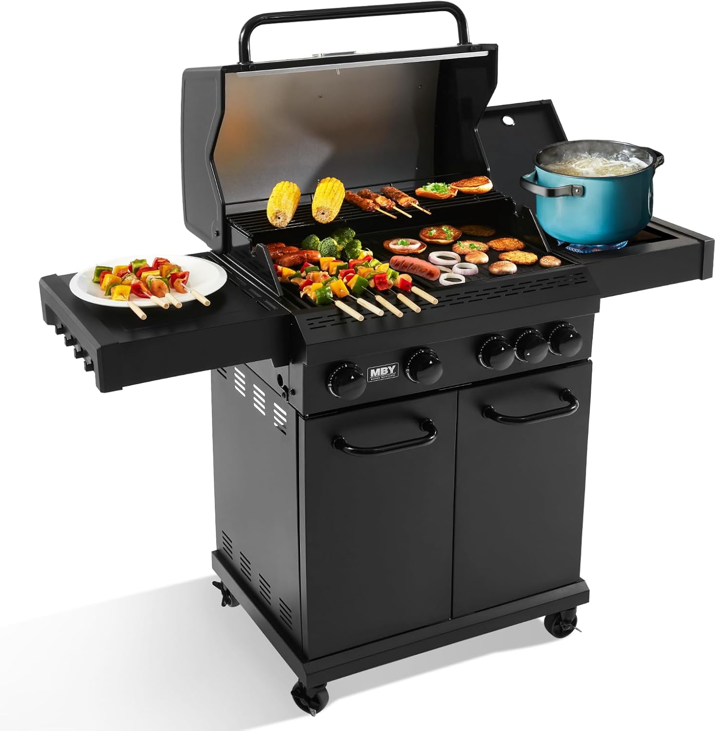 4 Burner Propane Grill,50000 BTU BBQ Grill with Side Burner and Enameled Cast Iron Grates,Visible Window Gas Grill with Wheels for Outdoor Cooking, Patio, Garden Barbecue