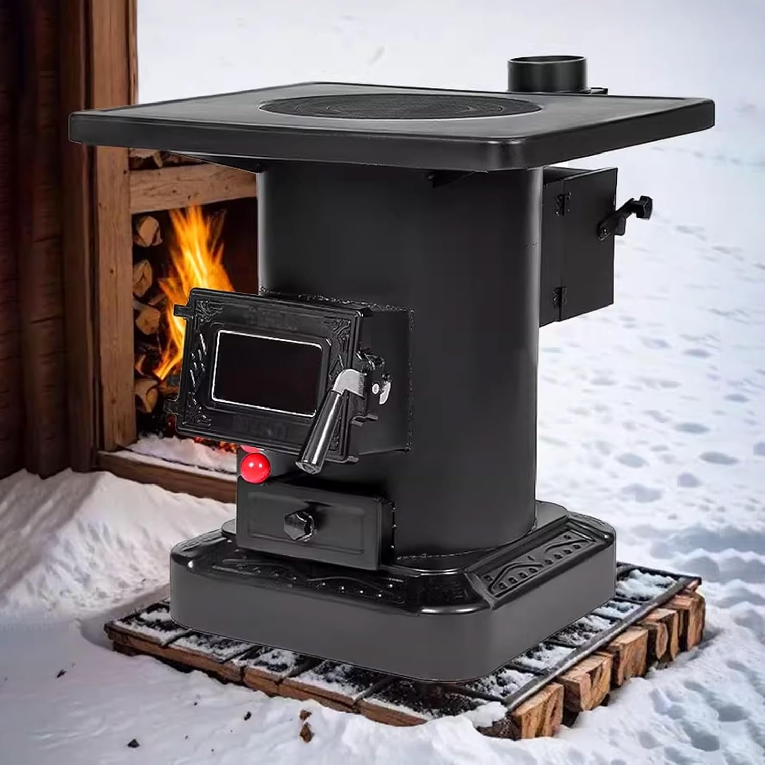 Woodstove with Glass Observation Window, Camping Stove with Oven, Wood and Coal Dual-Purpose Heating Stove for Outdoor Heating, Hunting, Ice Fishing, Barbecue, Boiler Water Supply