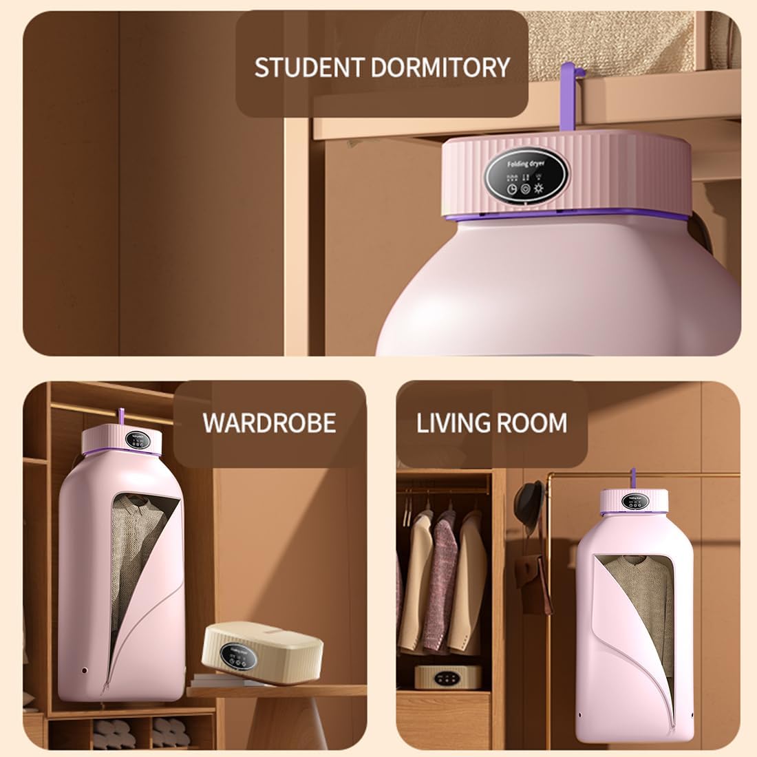 Portable Clothes Dryer, Mini Dryer Machine with Timer, Portable Dryer for Apartments Home Travel RVs, Mini Electric Laundry Dryer Machine with Dryer Bag, Two Heating Mode, Time Setting Function (Pink)