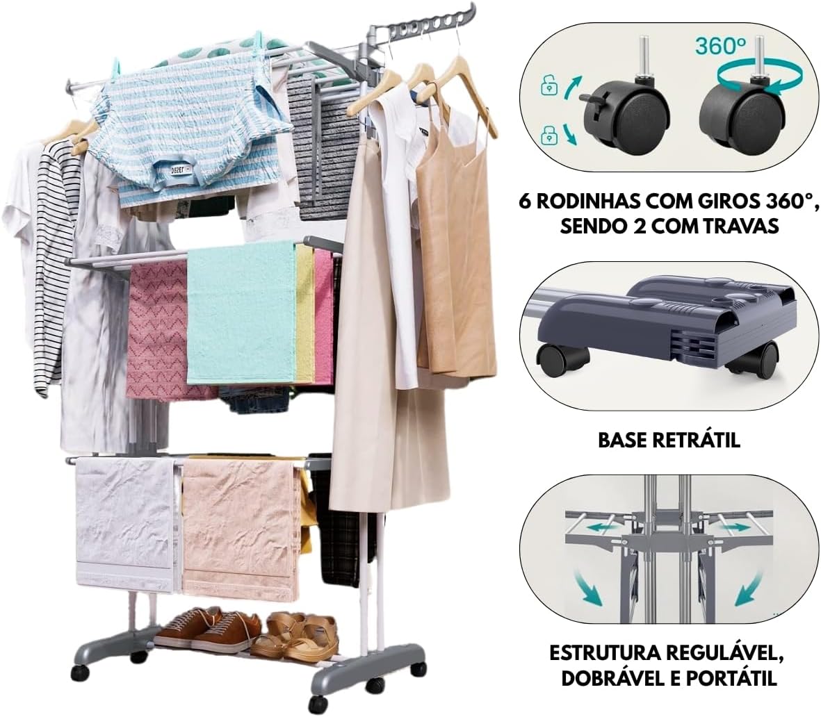 Drying Rack, Stainless Steel & Plastic, Space Saving Laundry Rack, 40lbs Capacity, Includes 2 Stainless Hangers for Underwear (White)