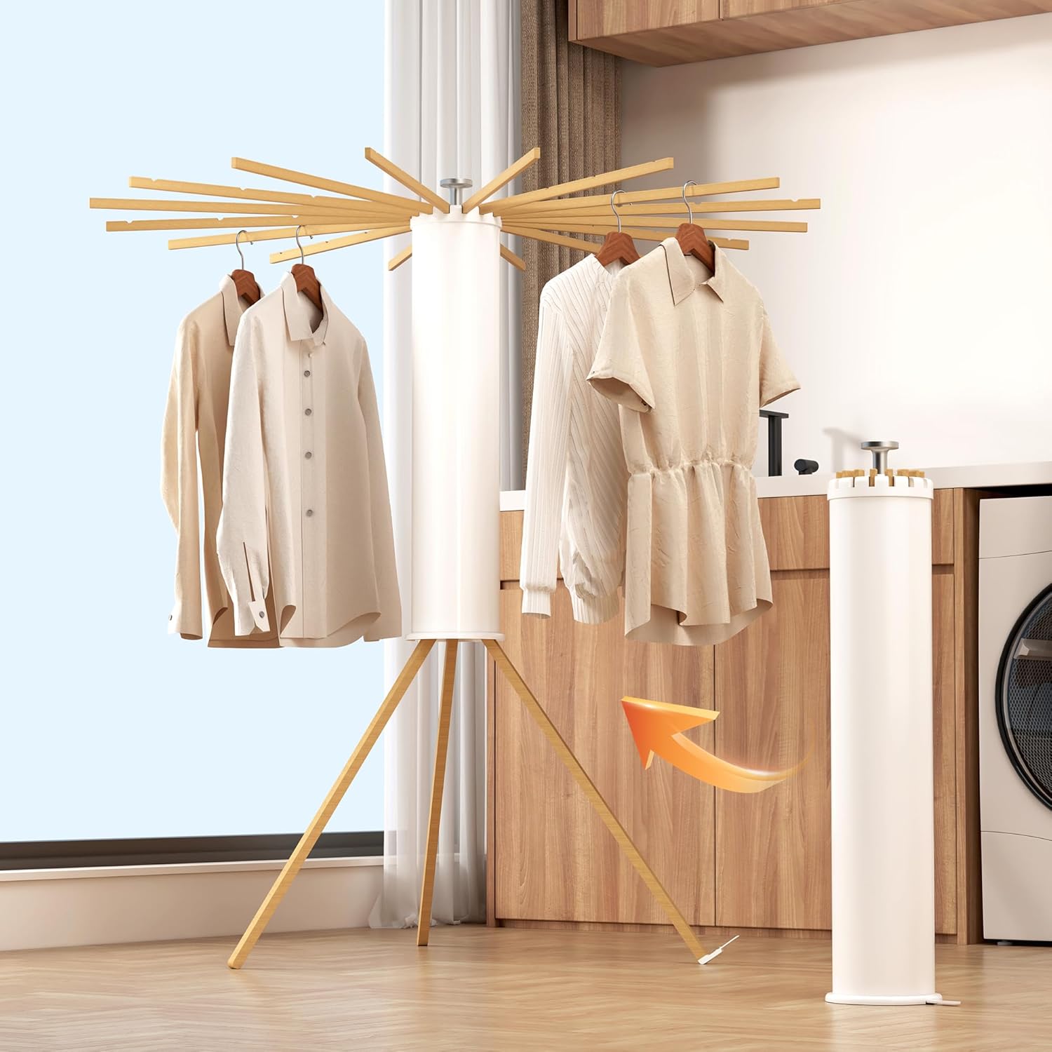 Tripod Clothes Drying Rack, Laundry Drying Rack for Clothing, Foldable Collapsible Space-Saving Umbrella Dryer with 16 Rods, Floor Standing Rack for Indoor Outdoor Use, Wooden