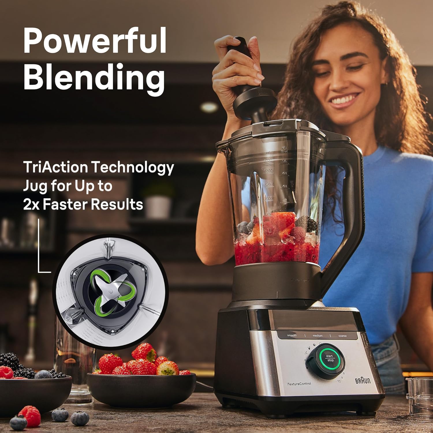 Braun TriForce Power Blender - Powerful 1200 Watt Countertop Blender with 10 Manual Speeds, 3 Texture & 3 Food Settings, Stainless Steel Blades for Effortless Emulsifying, for Smoothies, Purees & More
