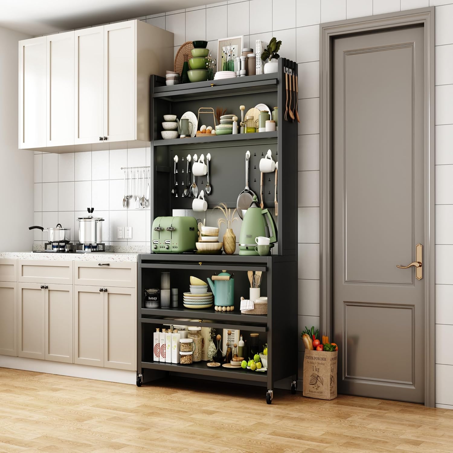 65'' Kitchen Pantry Storage Cabinet, Storage & Microwave Oven Countertop, Pantry Cabinets with 3 Doors and 4 Layers Hole Plate Versatile Storage for Kitchen, Living Room, Dining Room